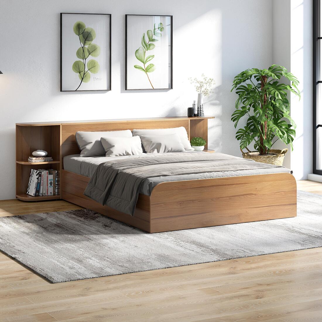 Vienta Engineered Wood King  Size Upholstered Bed With Box Storage (Brentwood Oak Brown Finish) - Durian