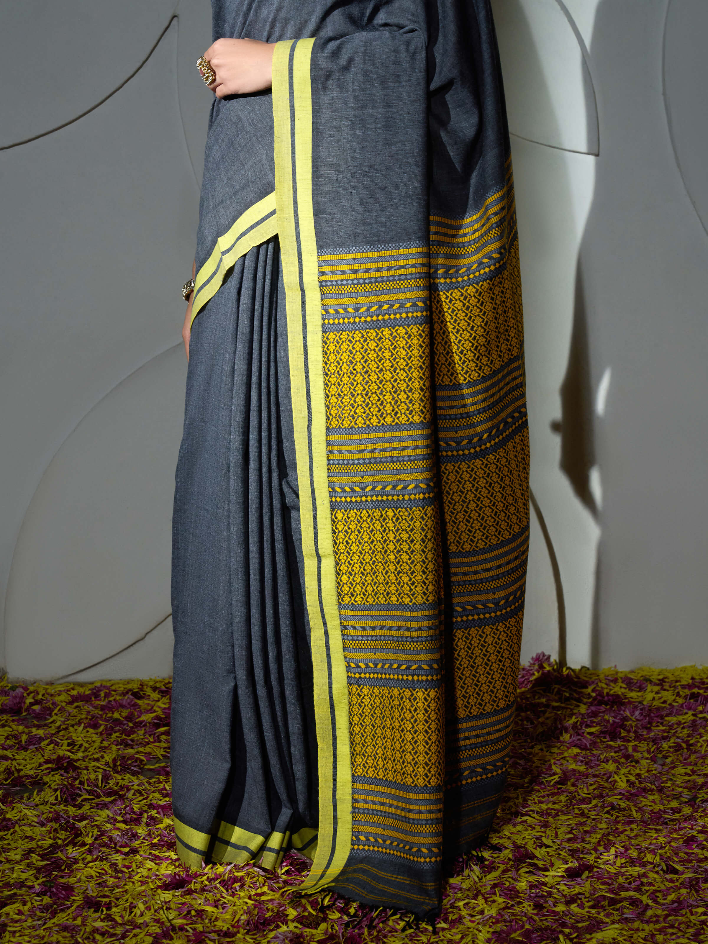 Detail view of grey cotton silk saree showing cotton-silk texture and weaving