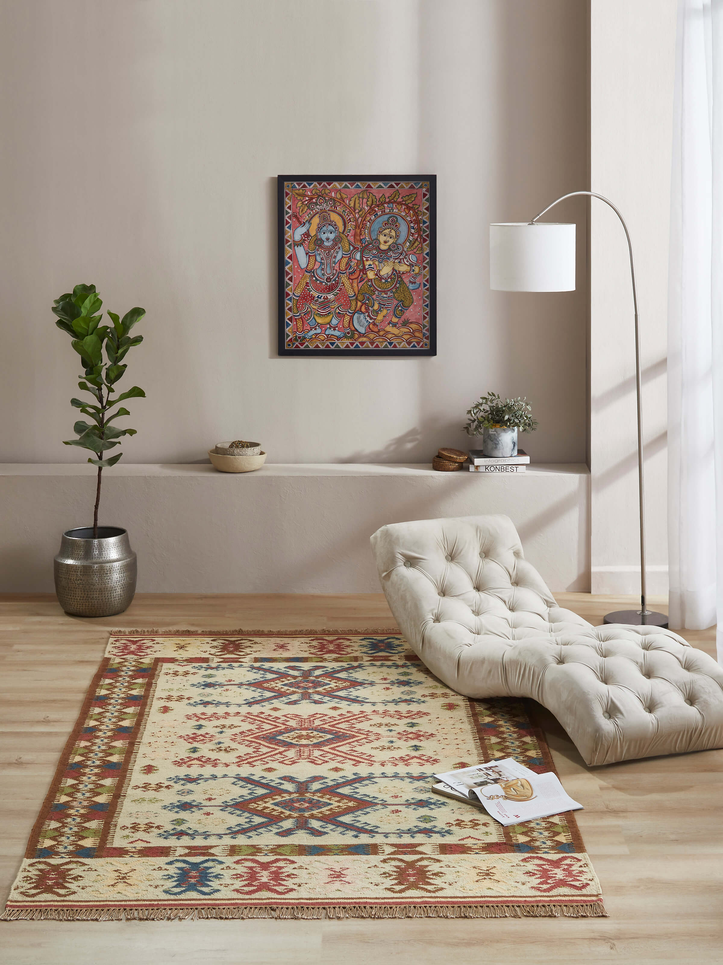 Close-up of Traditional kilim beige salawas wool & cotton panja dhurrie, highlighting the detailed weaving and texture.