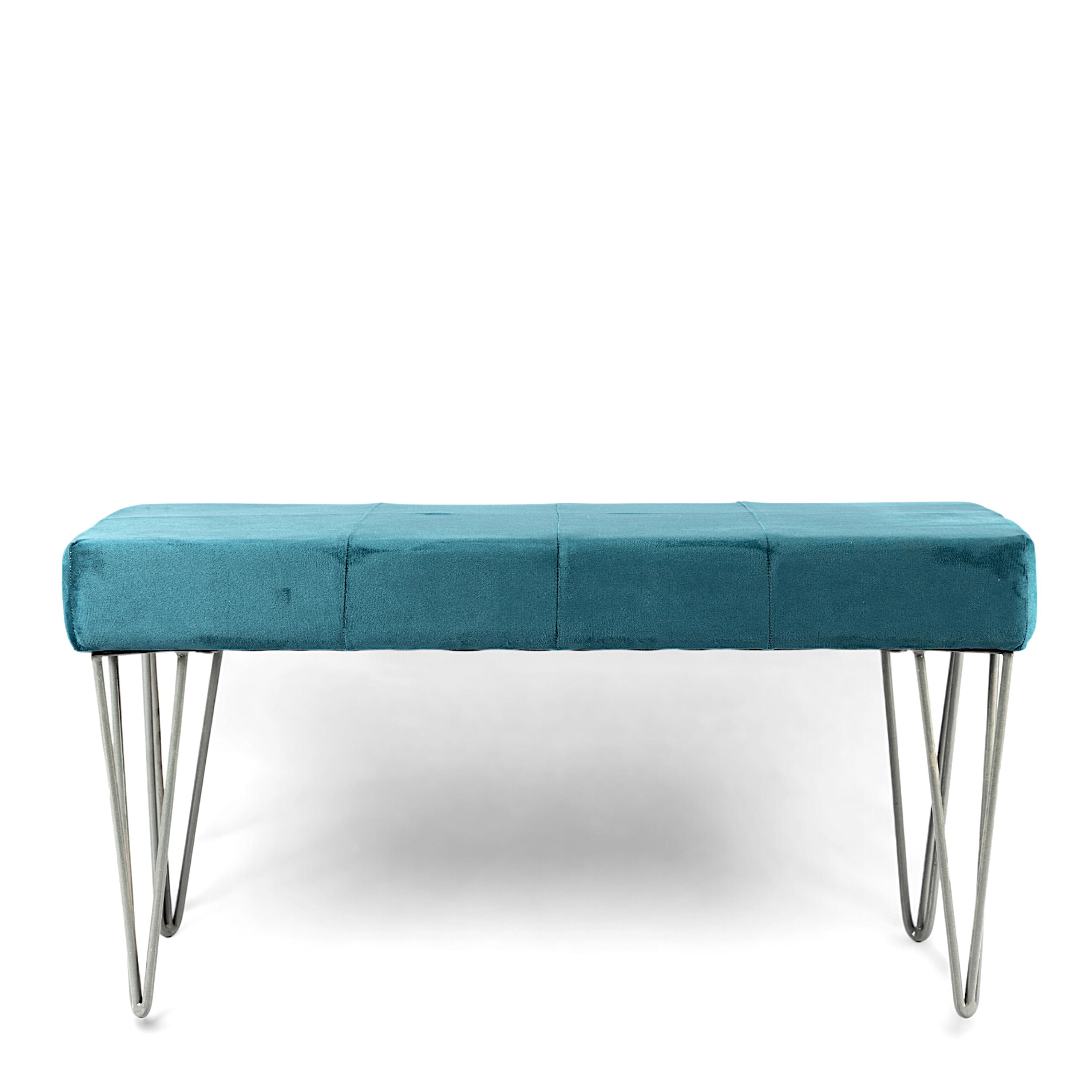 Velas Sheesham Wood Accent 2 Seater Bench With Metal Legs In Turquoise Sea Velvet