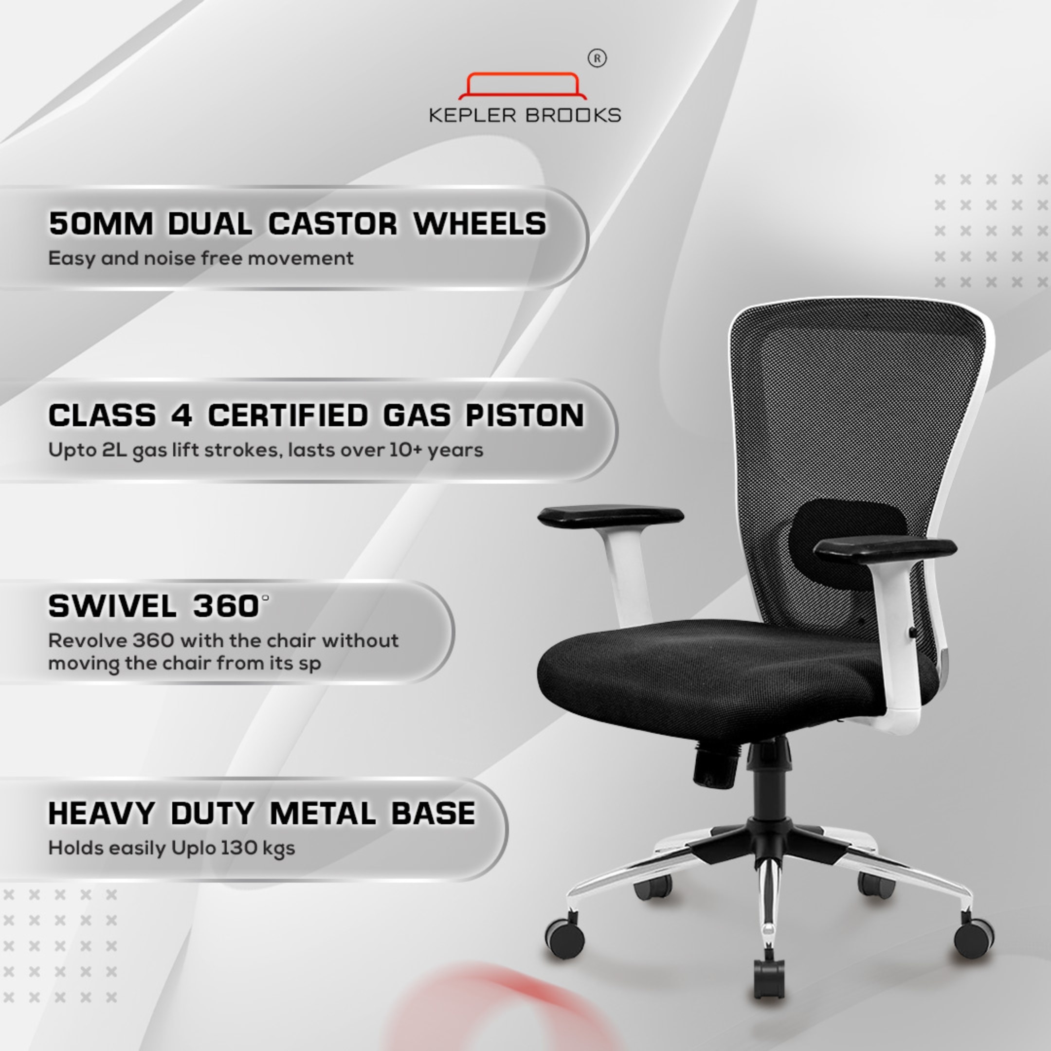 Kepler Brooks Mid Back Office Chair | 2 Years Warranty | Chair for Office Work at Home, Ergonomic Chair, Diwali Gifts, 2D Adjustable Arms, Headrest & Lumbar Support, Multi Synchro Lock (Zeus, White)