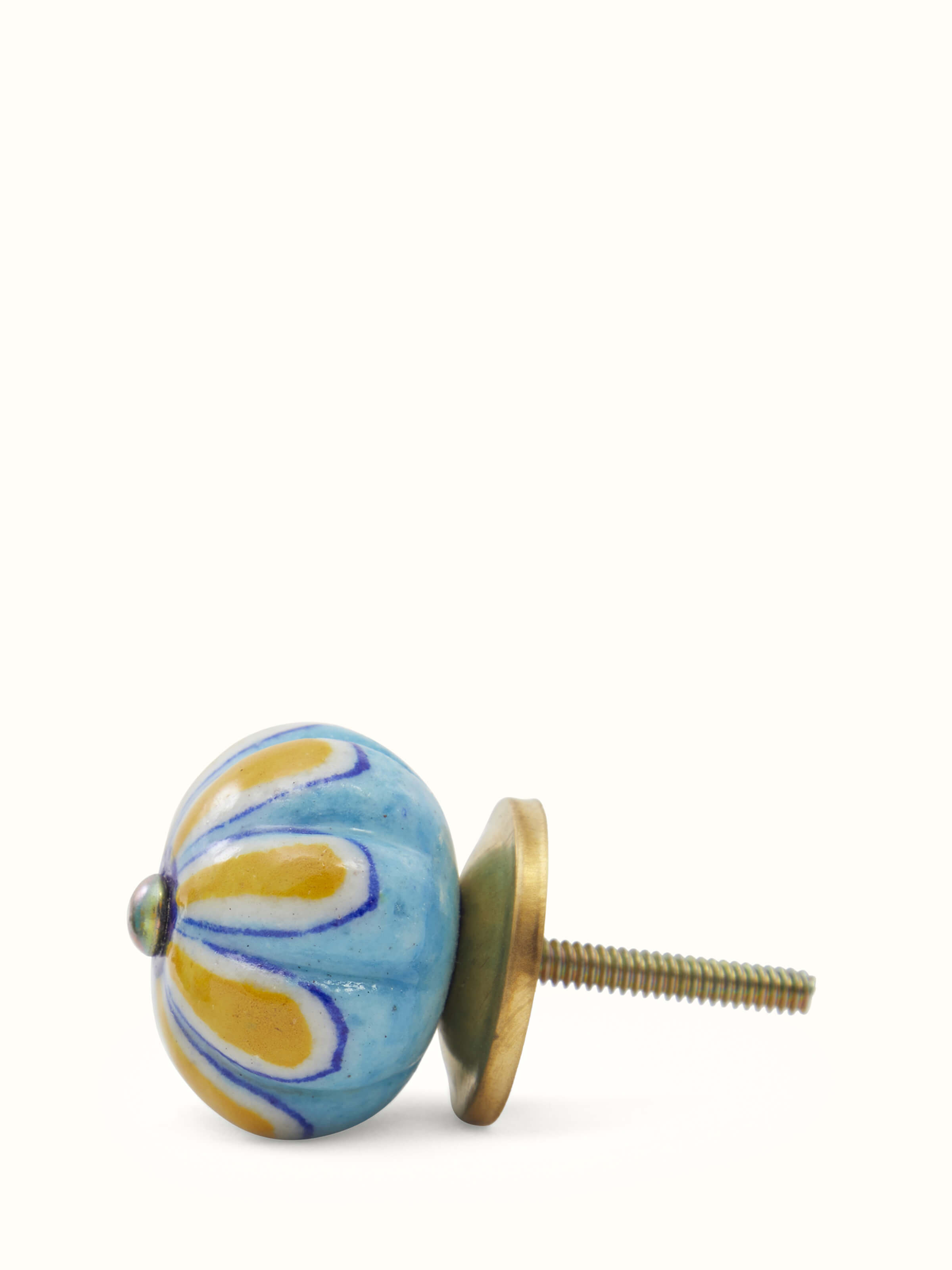 Angled view of Blue Pottery Round Rib Door Knob Set