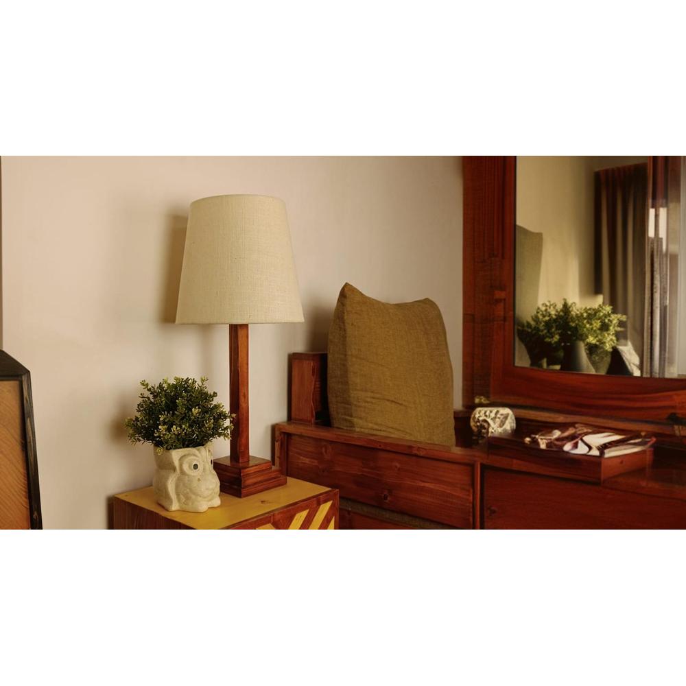 Babel Wooden Table Lamp with Brown Base and Premium White Fabric Lampshade
