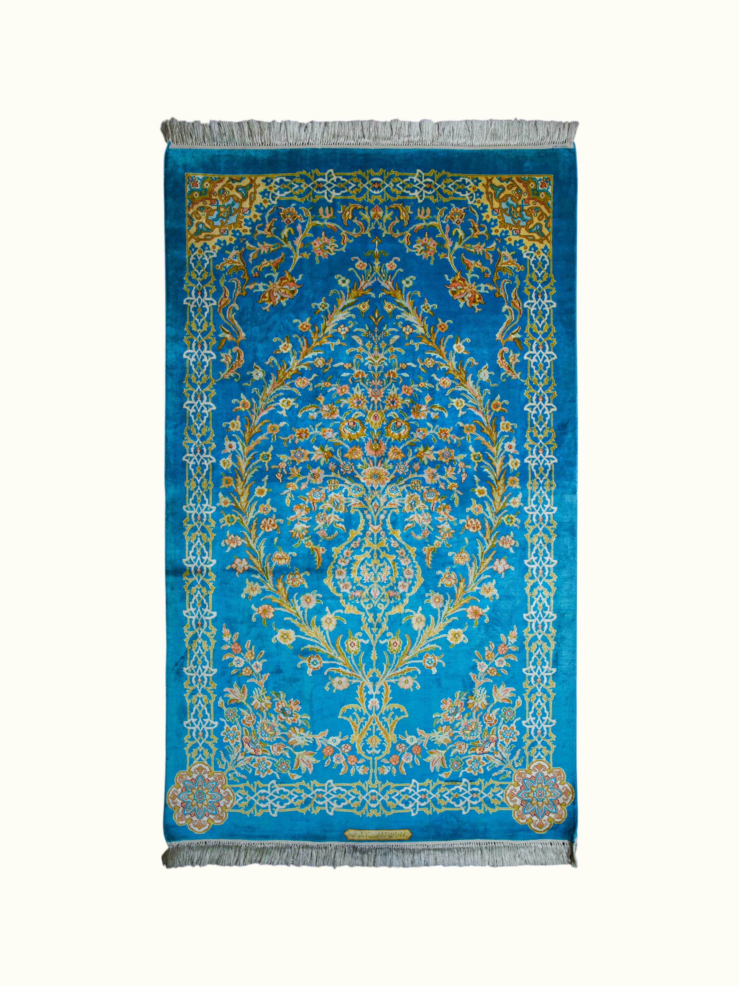 Traditional Persian Turquoise Guldani Kashmir Silk Hand-Knotted Carpet