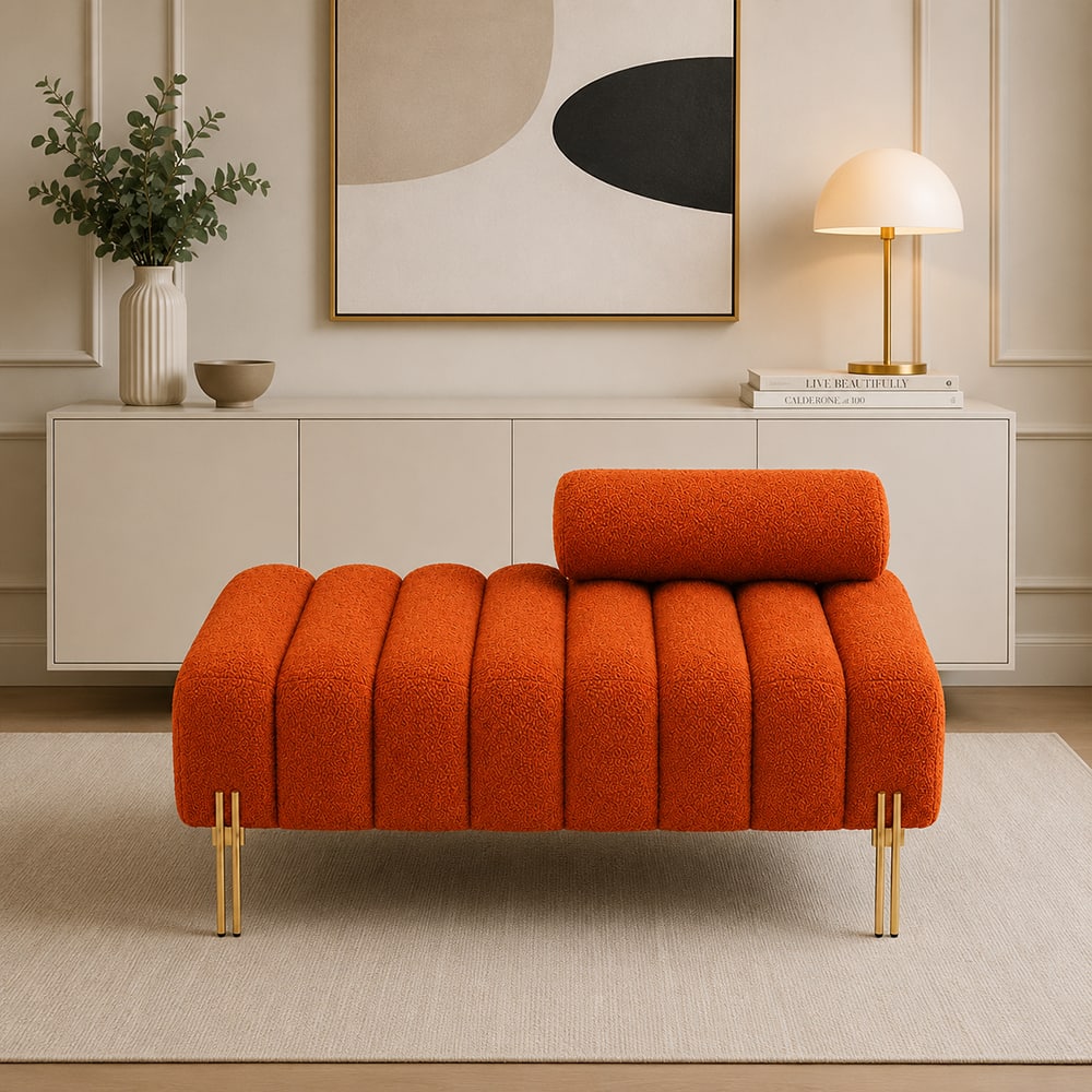 Doe Buck Luxury Boucle Accent Lounge Chair in Orange Colour with Gold Metal Legs - Doe Buck