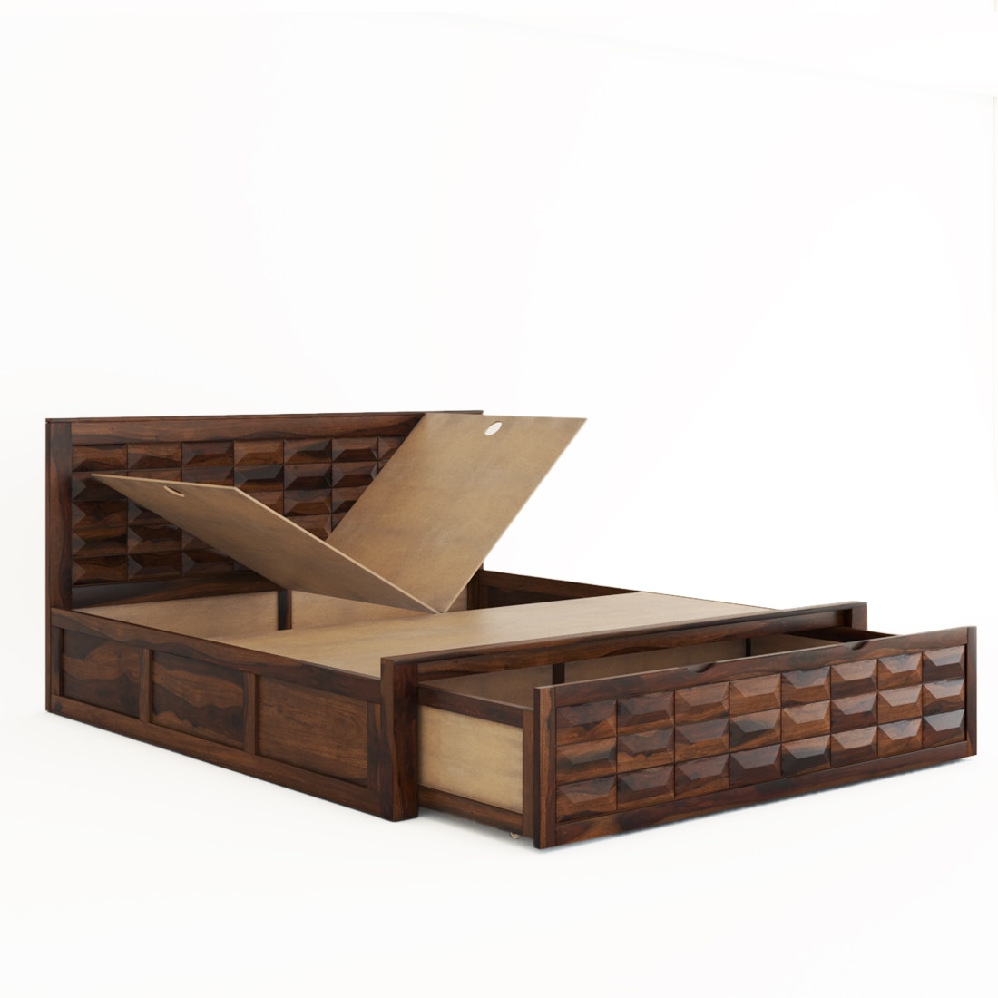 Diamond Box and Drawers Storage Queen Bed in Provincial Teak Finish