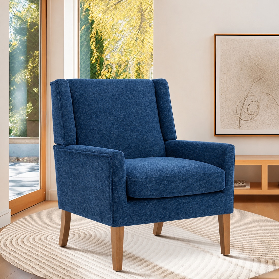 Leston Boucle Fabric Lounge Chair in Blue Colour - KURSIWALLAH