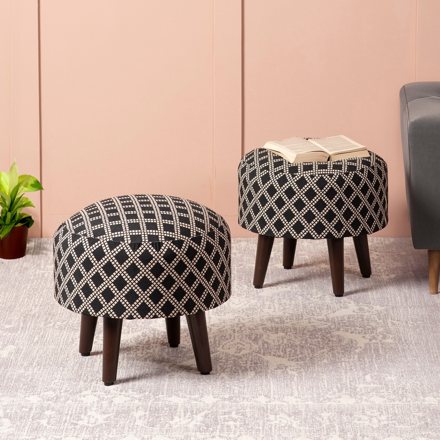 Quad Jacquard Wooden Ottoman in Black Color Set of 2 - Nestroots