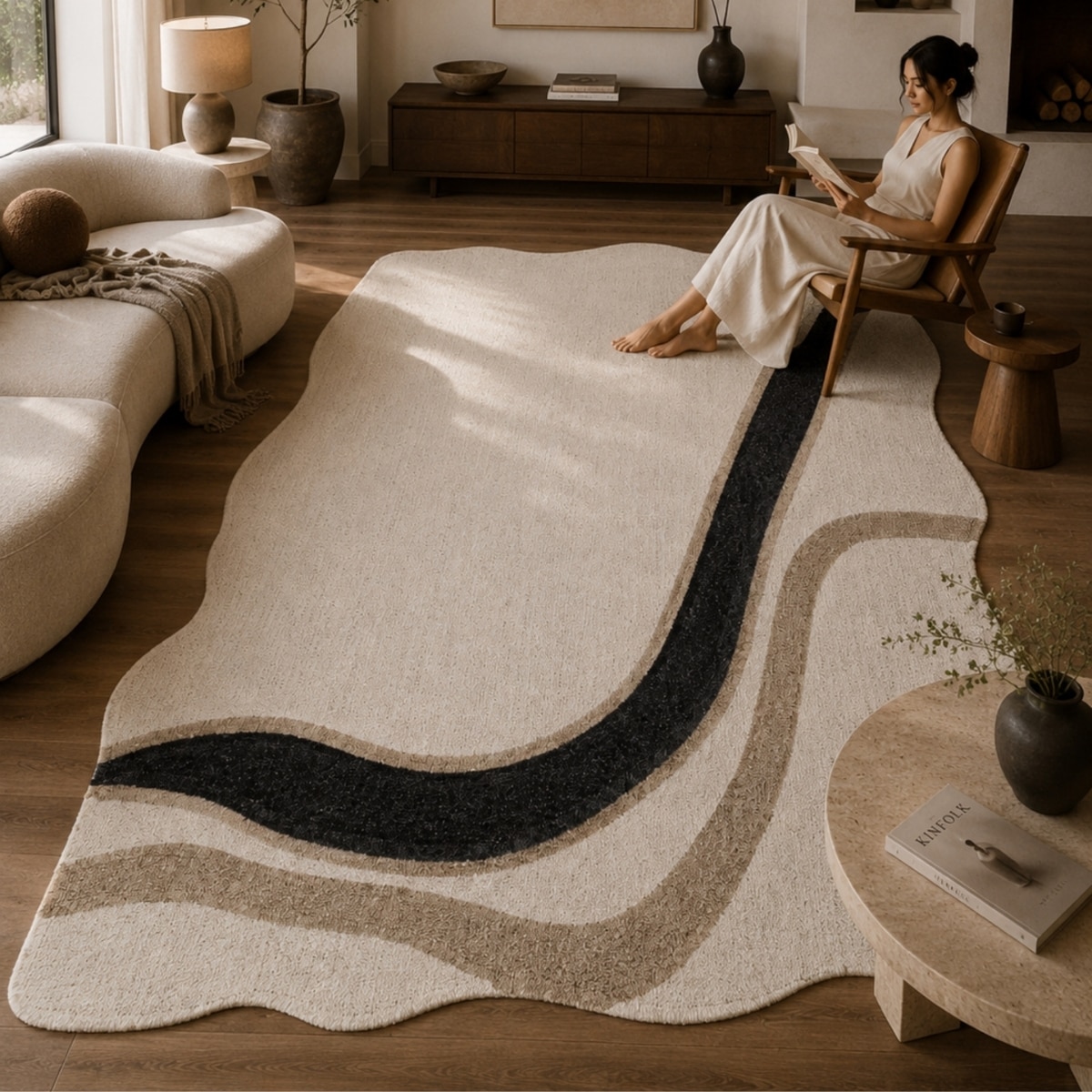 Handmade Natural Wool Shaped Rug Abstract Flow Ivory 9 x 12 Feet Carpet - NEU LOOMS