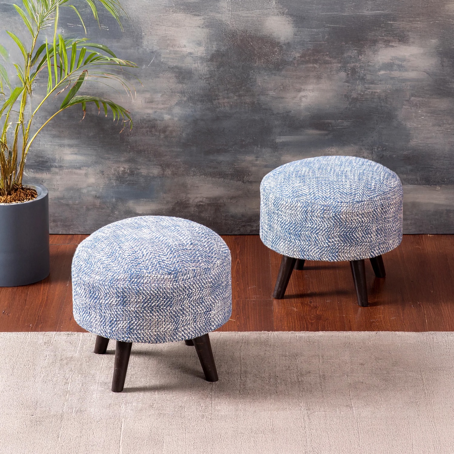 Slub Jacquard Wooden Ottoman in Blue Color Set of 2 - Nestroots