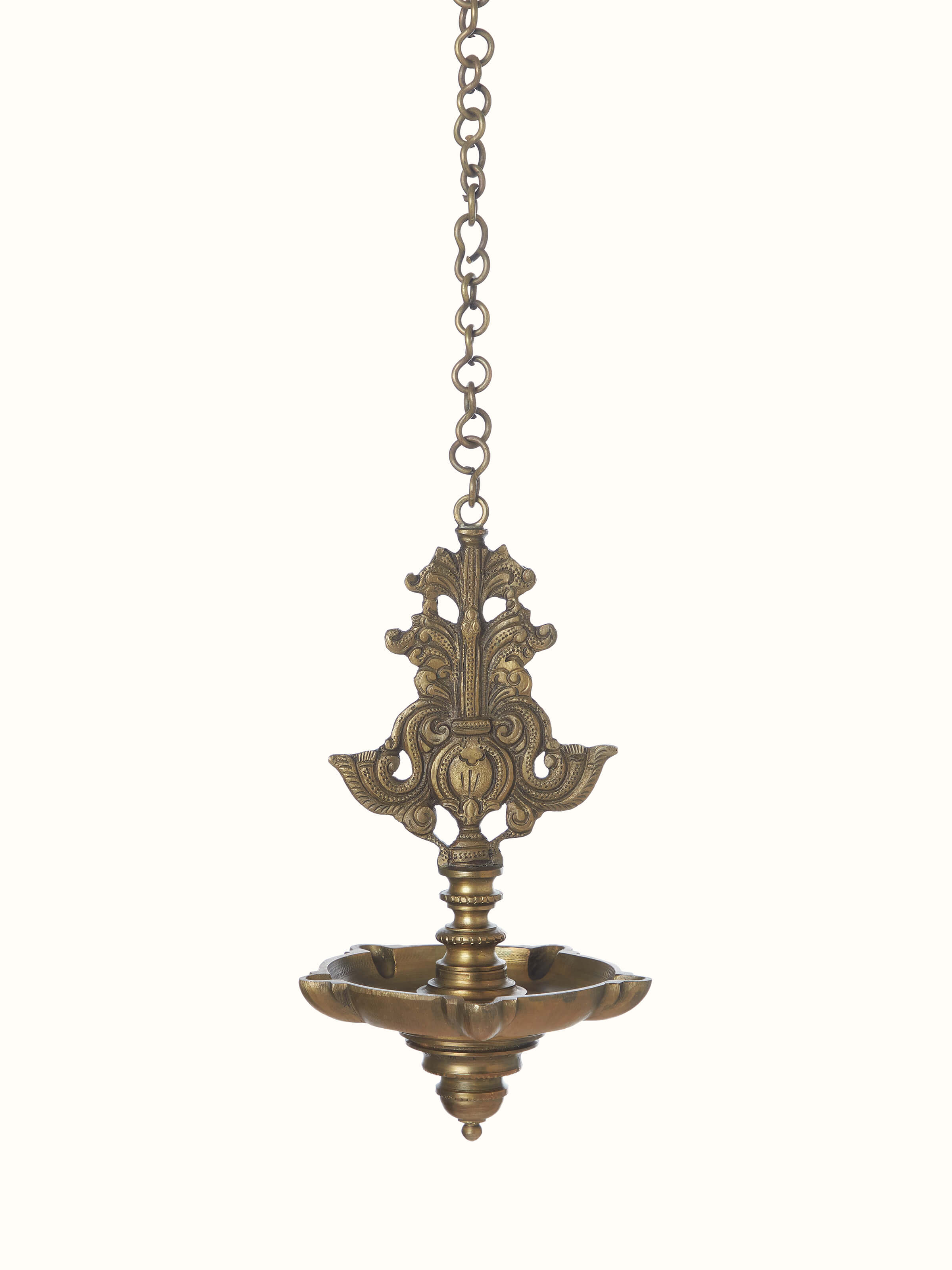 Front view of Polished Casting Hanging Diya, featuring detailed metalwork and elegant design