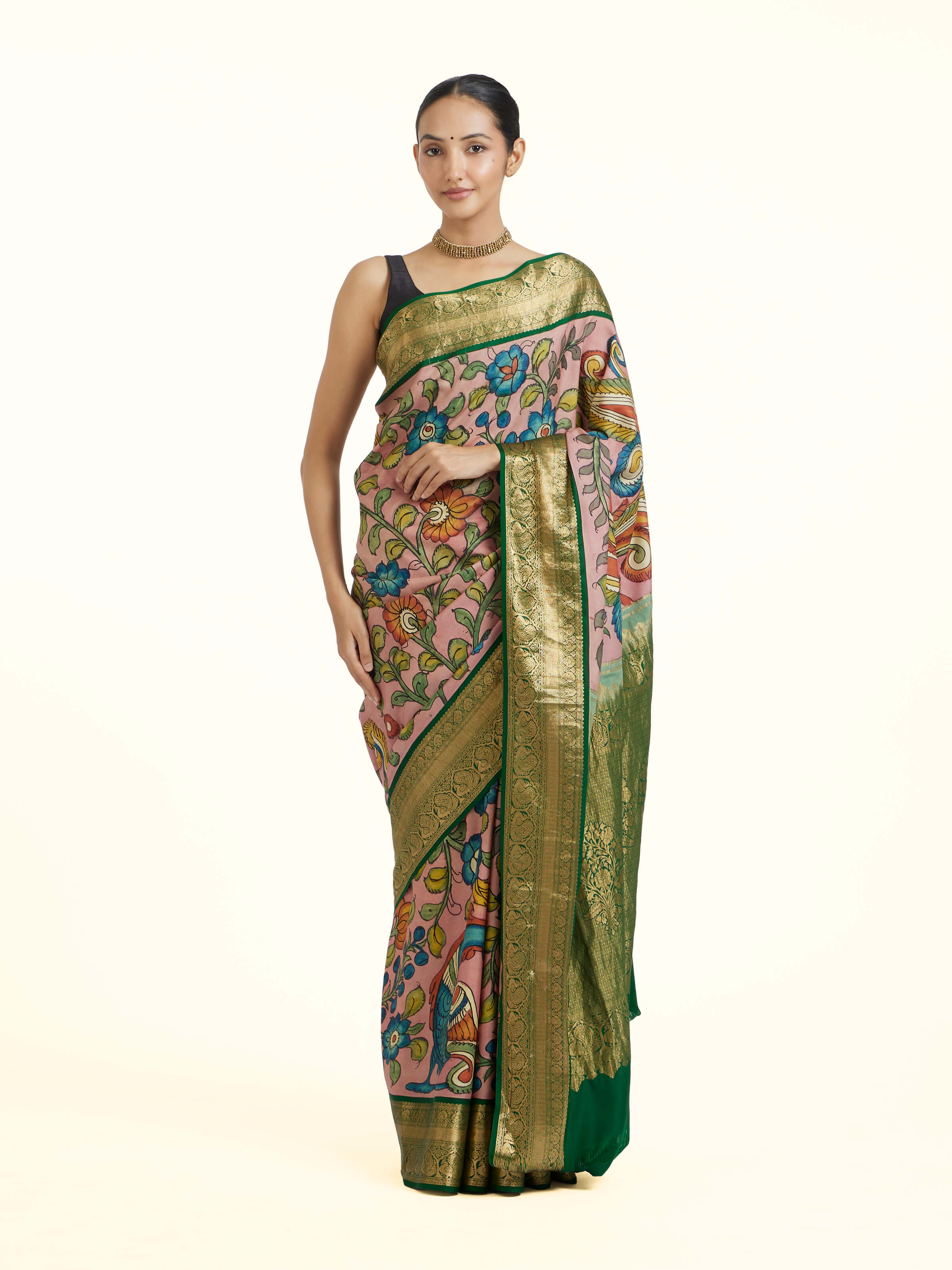 Silk Kalamkari Painted Kanchipuram Saree