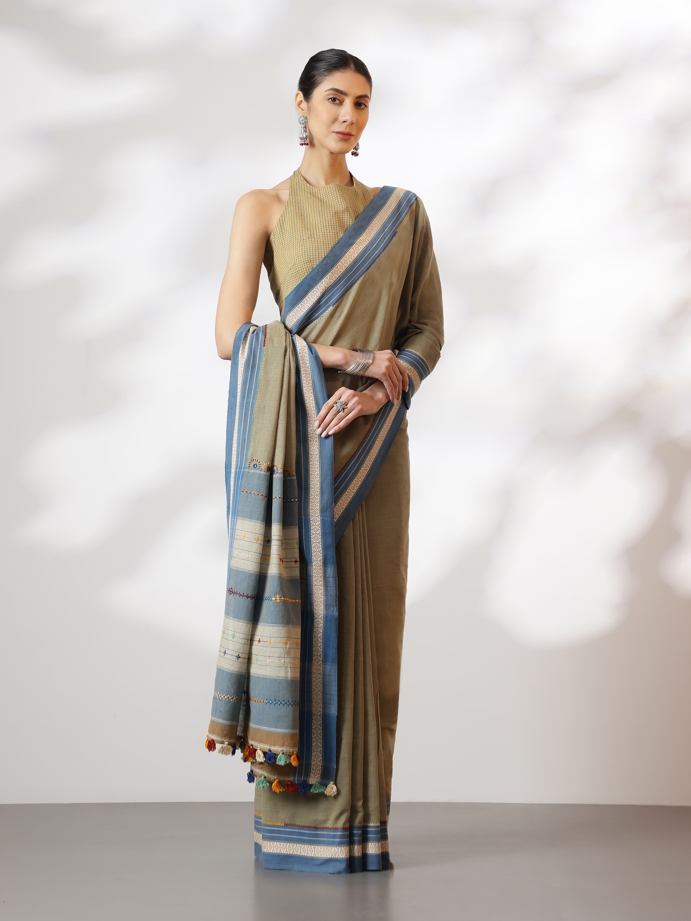 Olive Natural Dyed Cotton Lambani Embroidered Saree