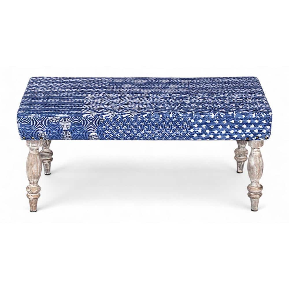 Bestone Sheesham Wood Mid Century Seater Bench Set  2 Stools In Indigo Patchwork Kantha