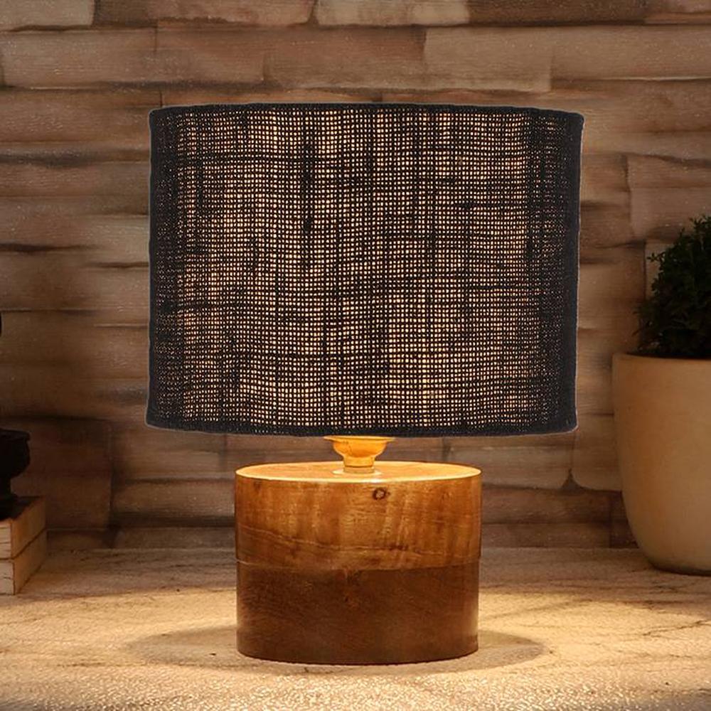 Demelza Black Jute Table Lamp with Natural Wood Base