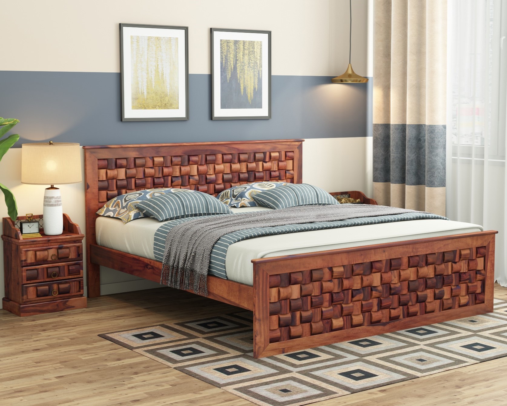 Moglis Solid Wood King Size Bed Without Storage Bed In Teak Finish