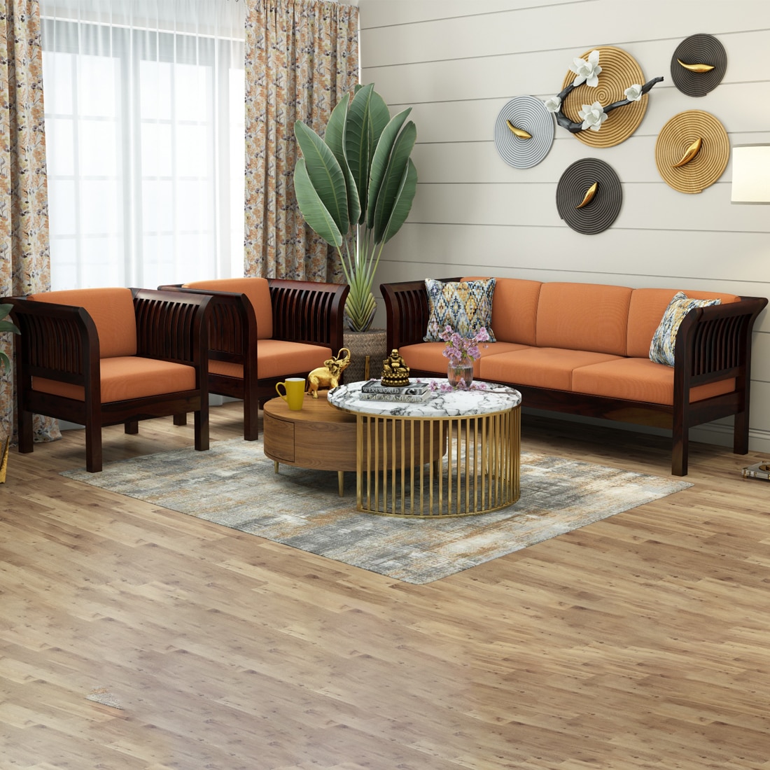 Haveli 3+1+1 Seater Wooden Sofa (Orange Colour, Walnut Finish)