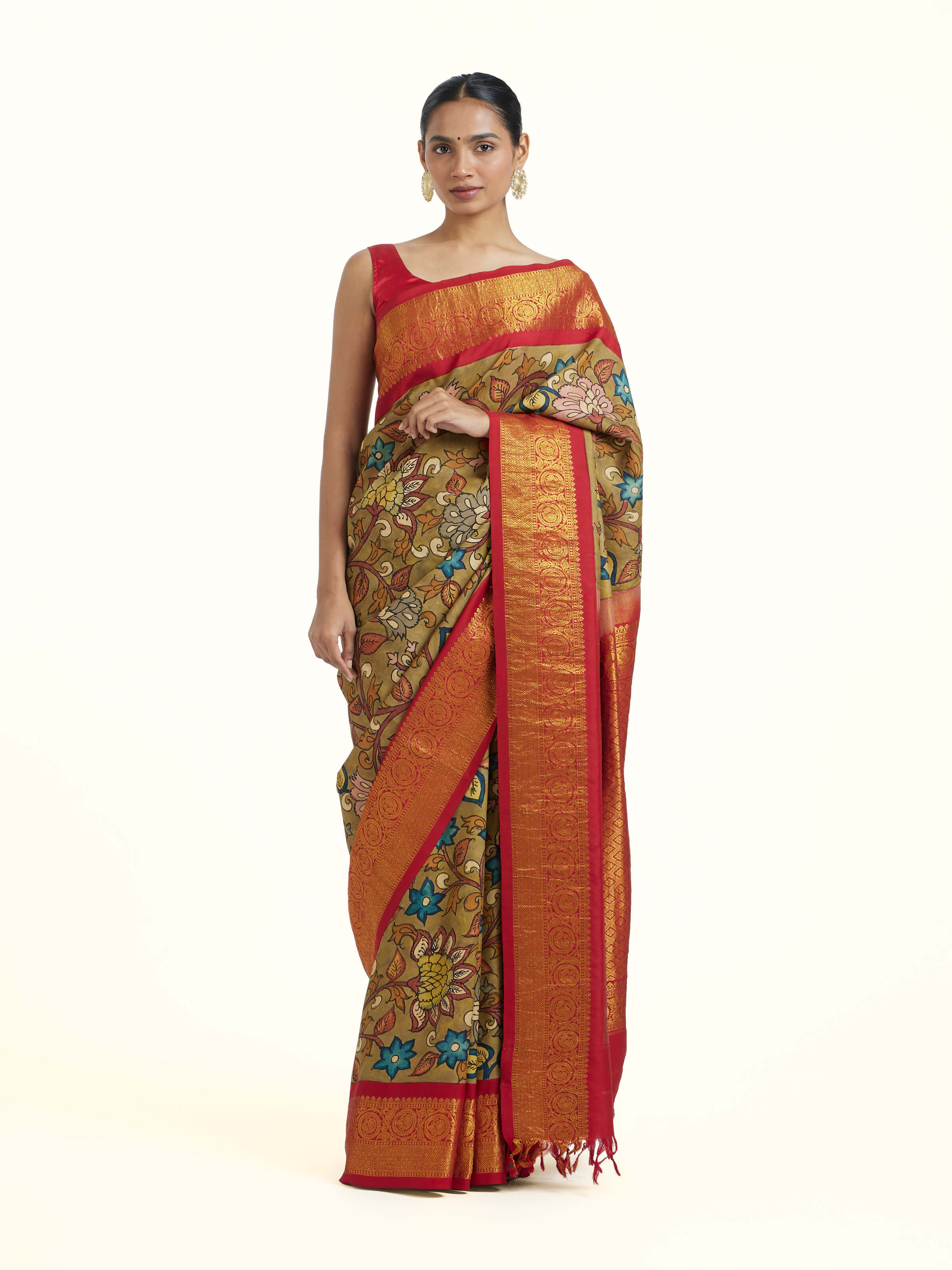 Red Kalamkari Kancheepuram Silk Saree
