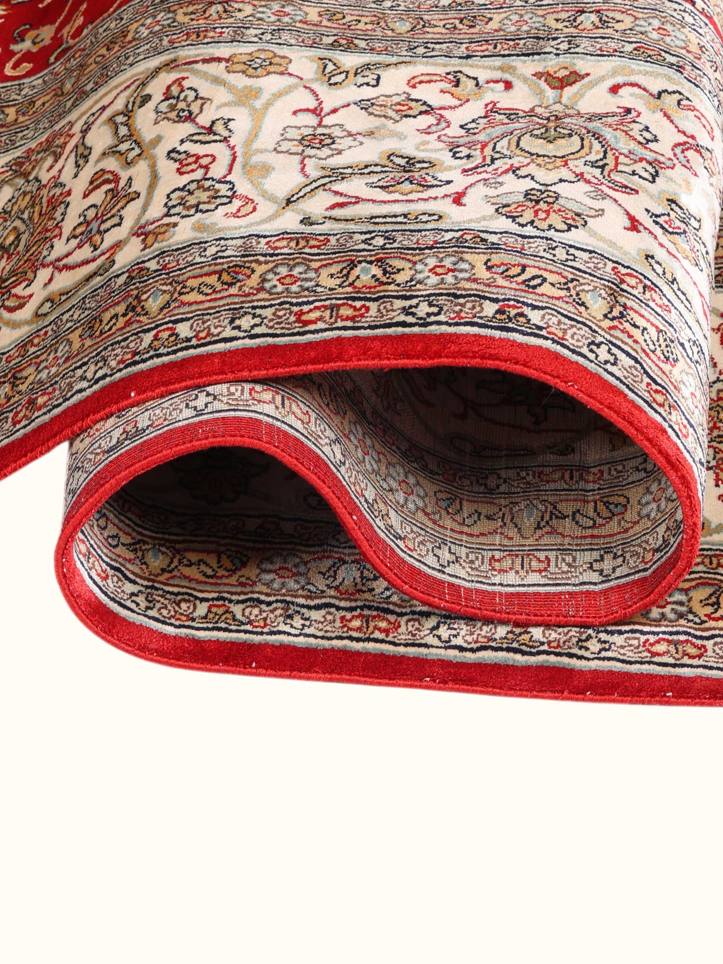 Traditional Persian Red Ivory All over Kashmir Silk Hand-Knotted Carpet