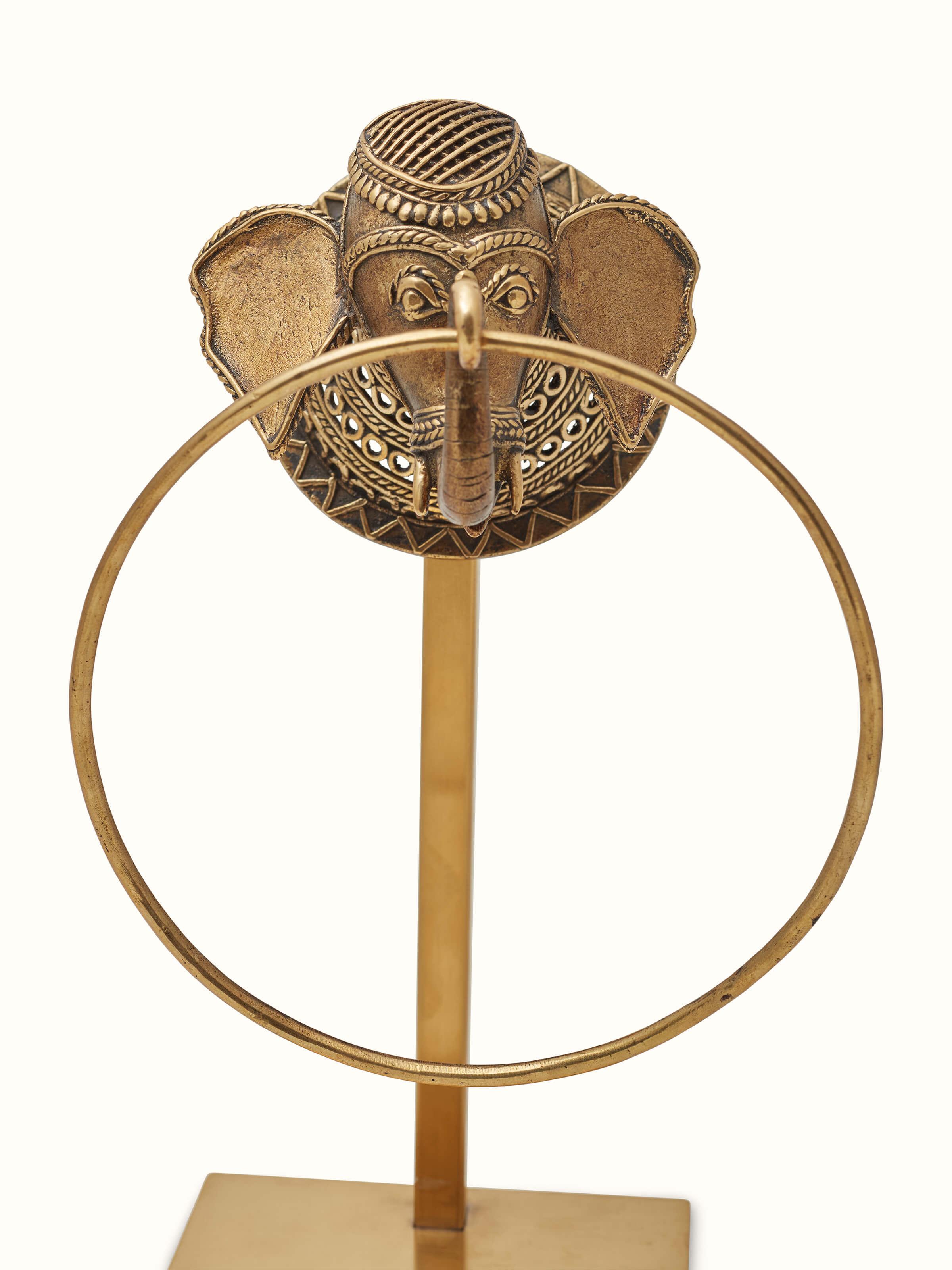 Front view of Dhokra Brass Elephant Towel Ring showcasing the detailed brasswork and elephant design