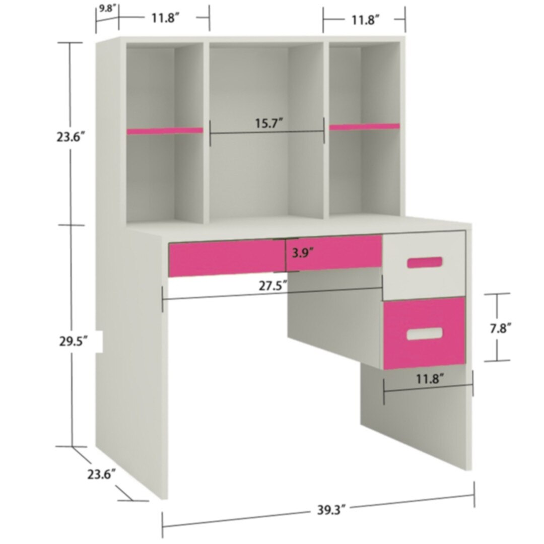 Tiara Kids Study Desk with 3 Drawers and Built In Bookshelf in Barbie Pink Colour