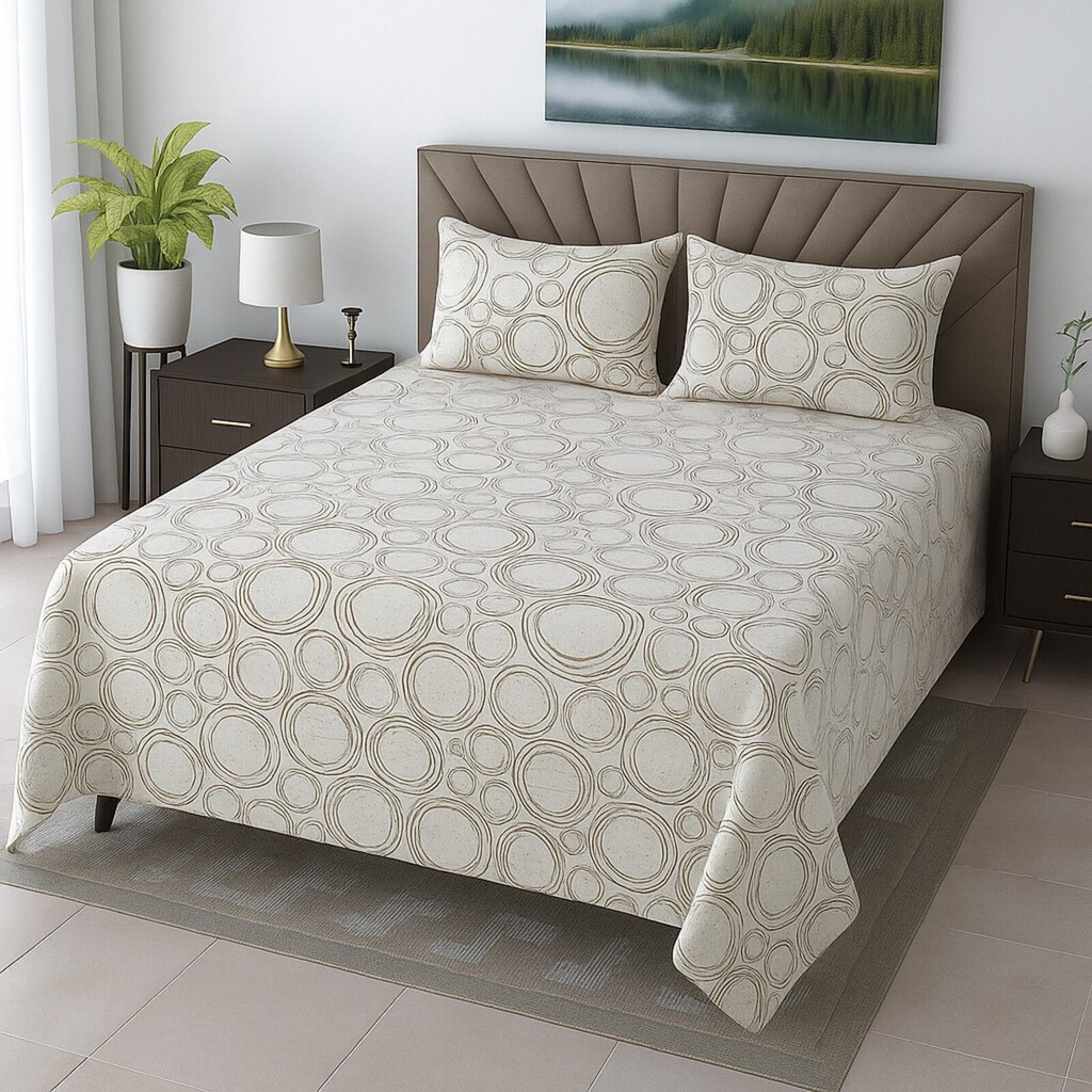 Off White Geometrical 400 TC Cotton Flat Super King Size Bedsheet With 2 Pilllow Covers  Threads - Threads