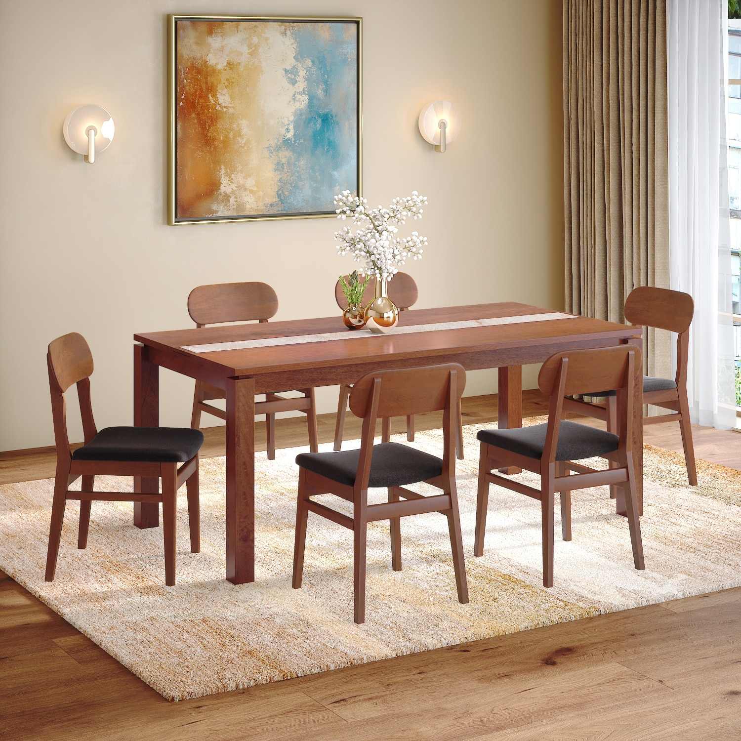Atlas Crest Storage Solid Wood 6 Seater Dining Table With 6  Lunar Dining Chairs (Finish : Honey, Chair Colour : Urban Grey)