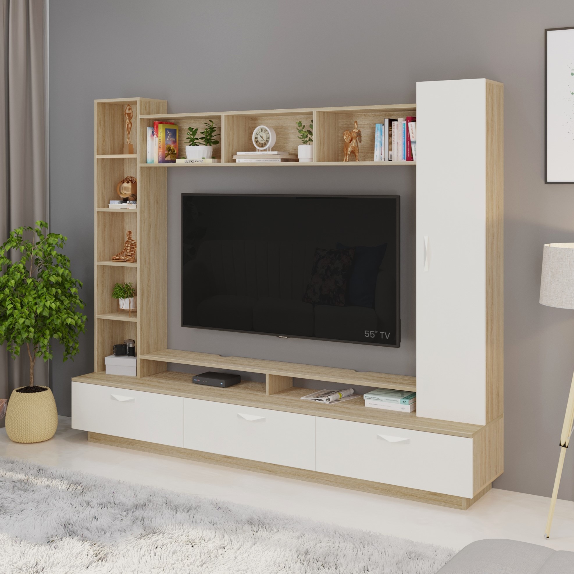 Bluewud Fenily Engineered Wood Tvcabinet In European Oak & White Finish-image-3
