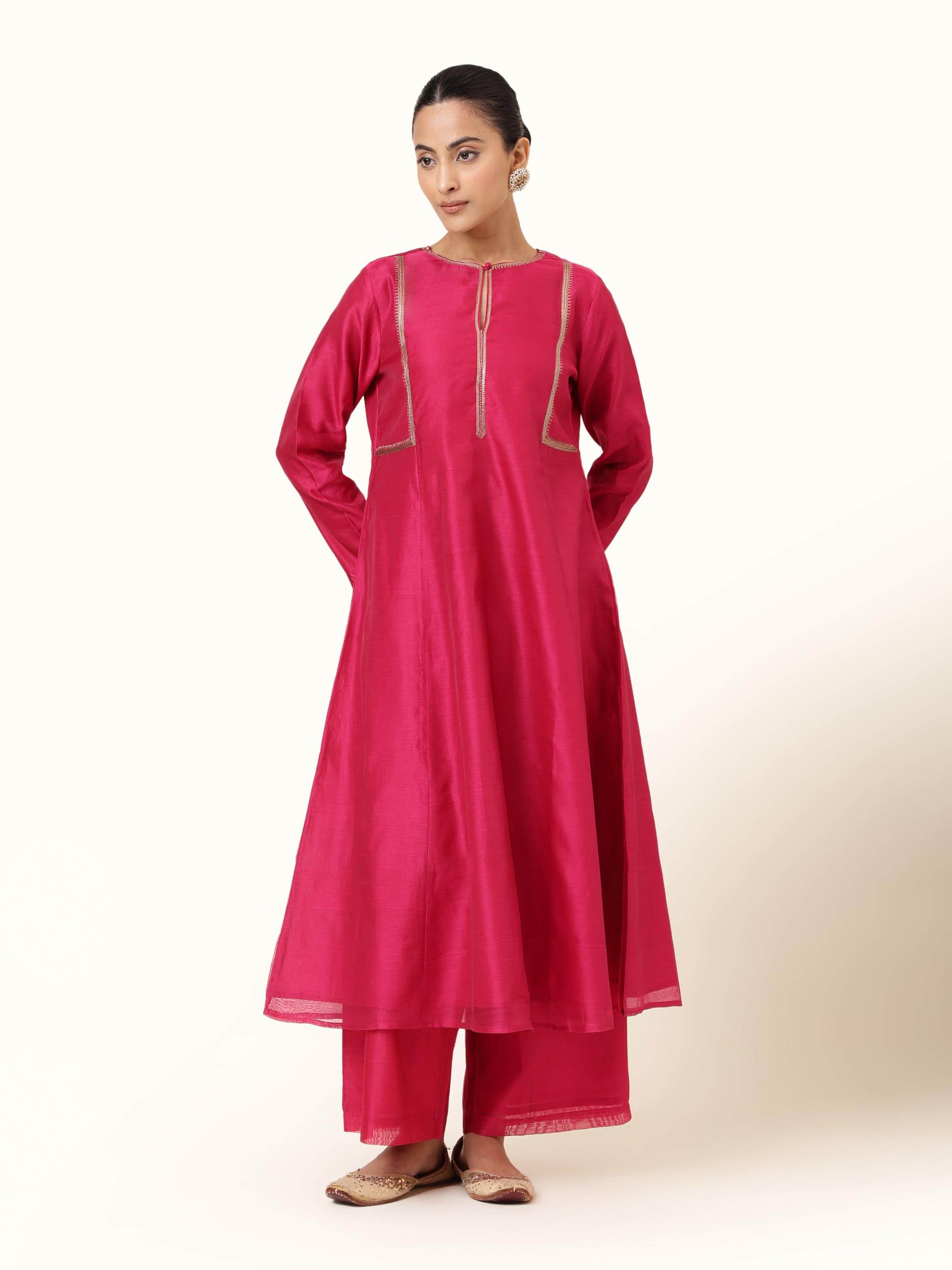 Front view of fuschia cotton silk Chanderi palazzo with subtle sheen and flared cut