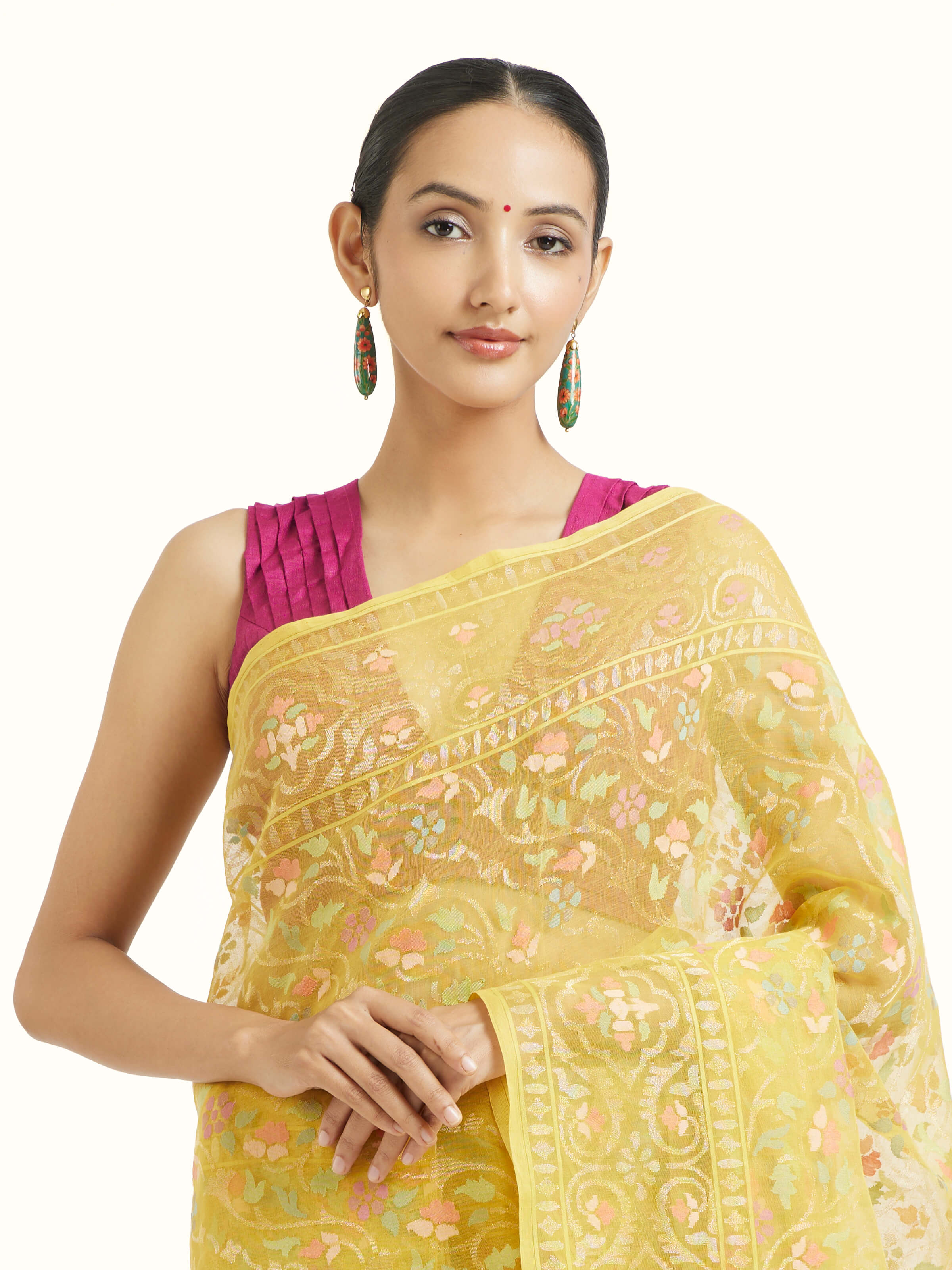 Angled view of cotton Awadh Jamdani Banarasi saree highlighting woven patterns