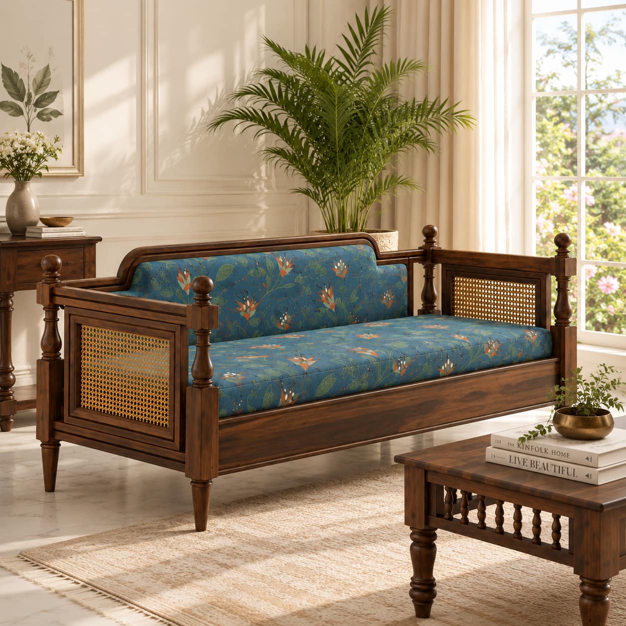 Rattan Solid wood Three Seater sofa in Provincial Teak FinishPrinted Blue Colour