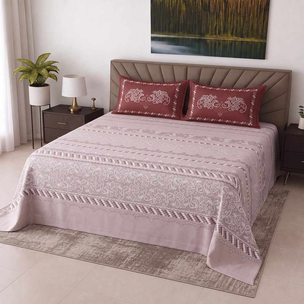 Dusty Rose Floral Cotton 400 Tc Flat Super King Bed Size Sheet With 2 Pillow Cover