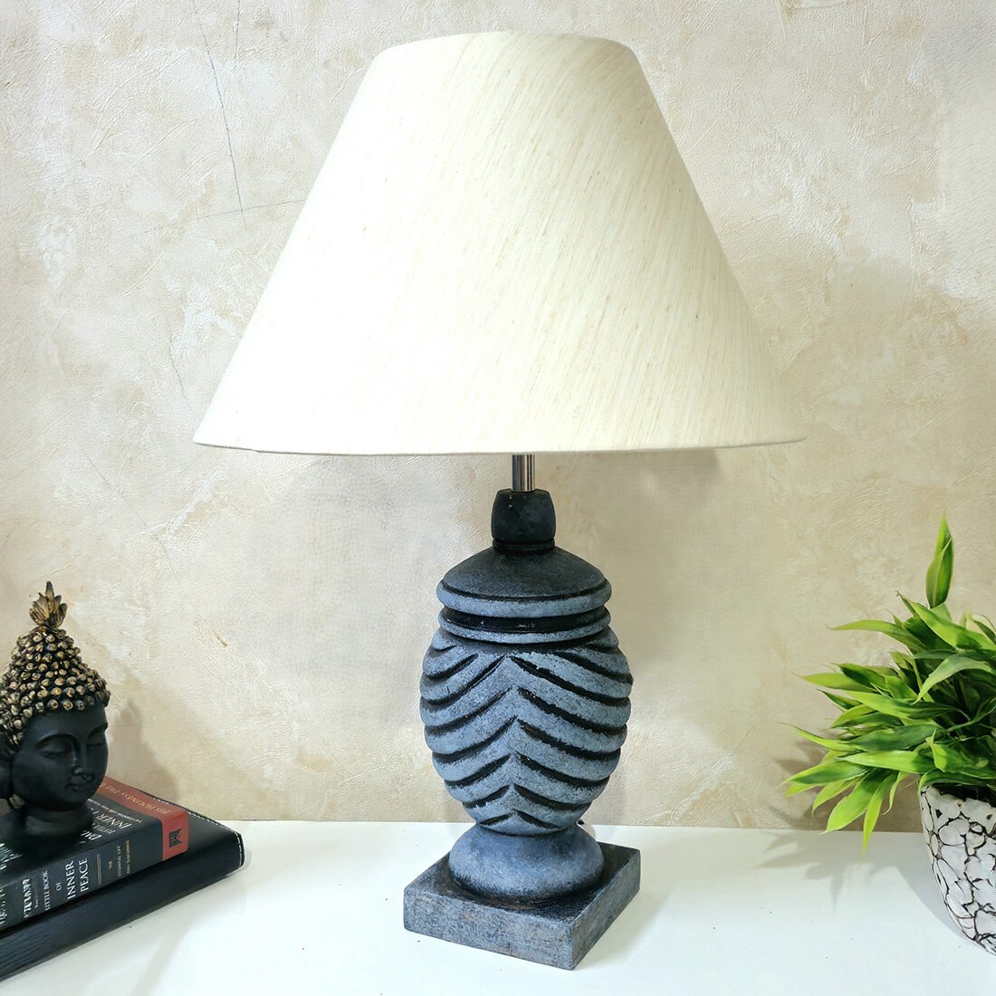 Grey Color Handpainted And Hancarved Distress Wooden Table Lamp