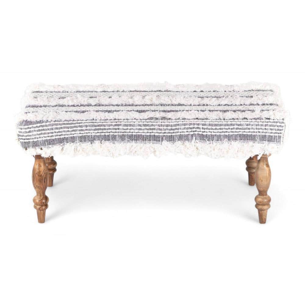 Bestone Sheesham Wood Mid Century Seater Bench Set  2 Stools In Grey Fabric