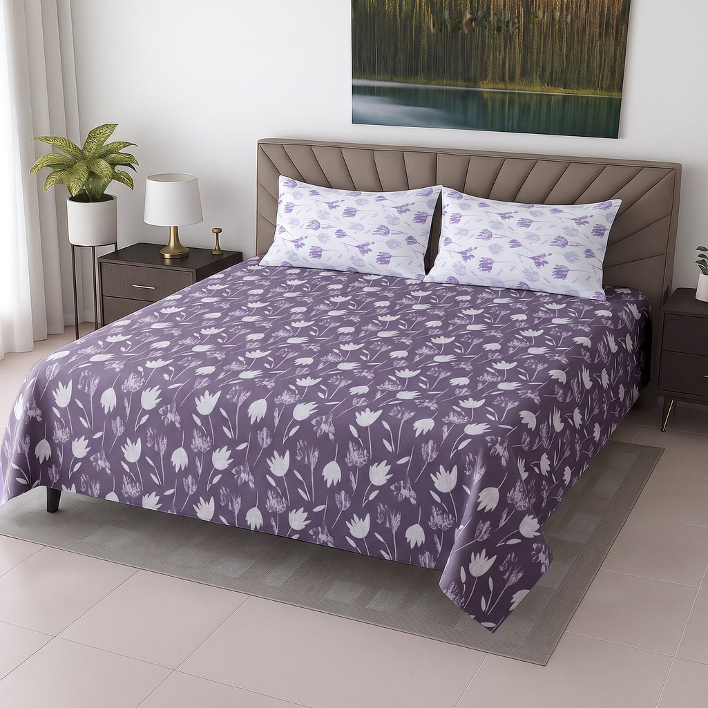 Lavender Floral Cotton 400 Tc Flat Super King Size Bedsheet With 2 Pillow Covers