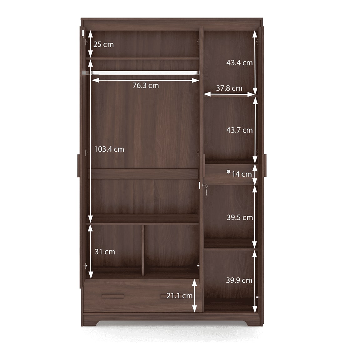 Hilton 3 Door 2 Drawer Wardrobe With Mirror and Lock in Chestnut Acacia Finish