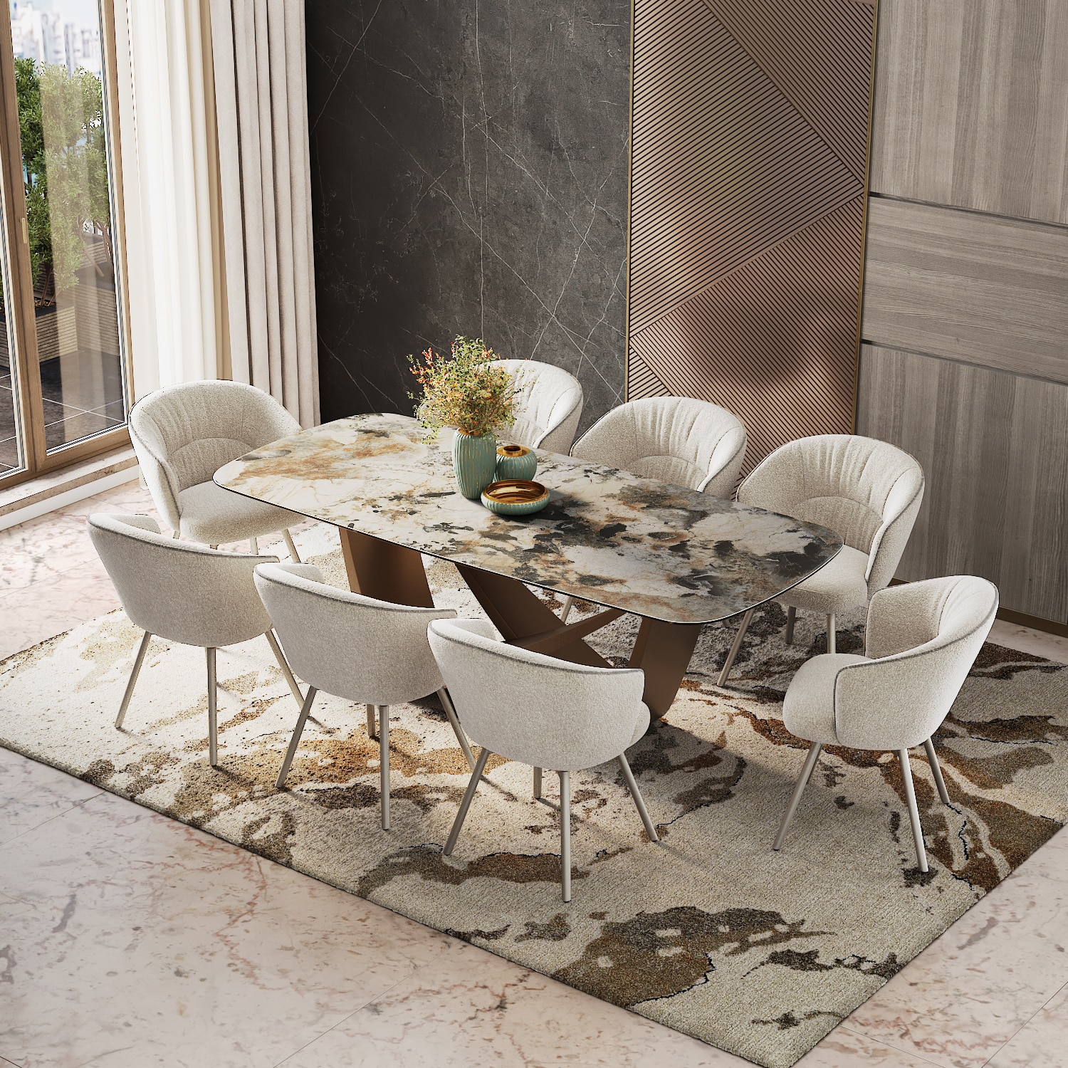 Paloma 8 Seater Spanish Ceramic Dining Table With 8 Calix Dining Chairs (Finish : Spanish Ceramic, Chair Colour : Beige) - Urban Ladder