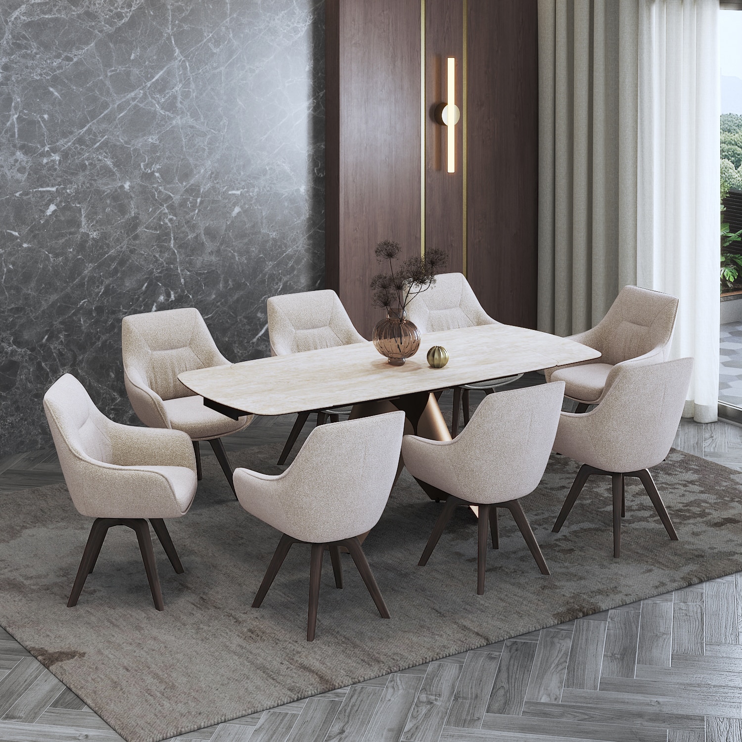 Aeris Ceramic 6 to 8 Seater Extendable Dining Table With Set of 3  Selene Dining Chair