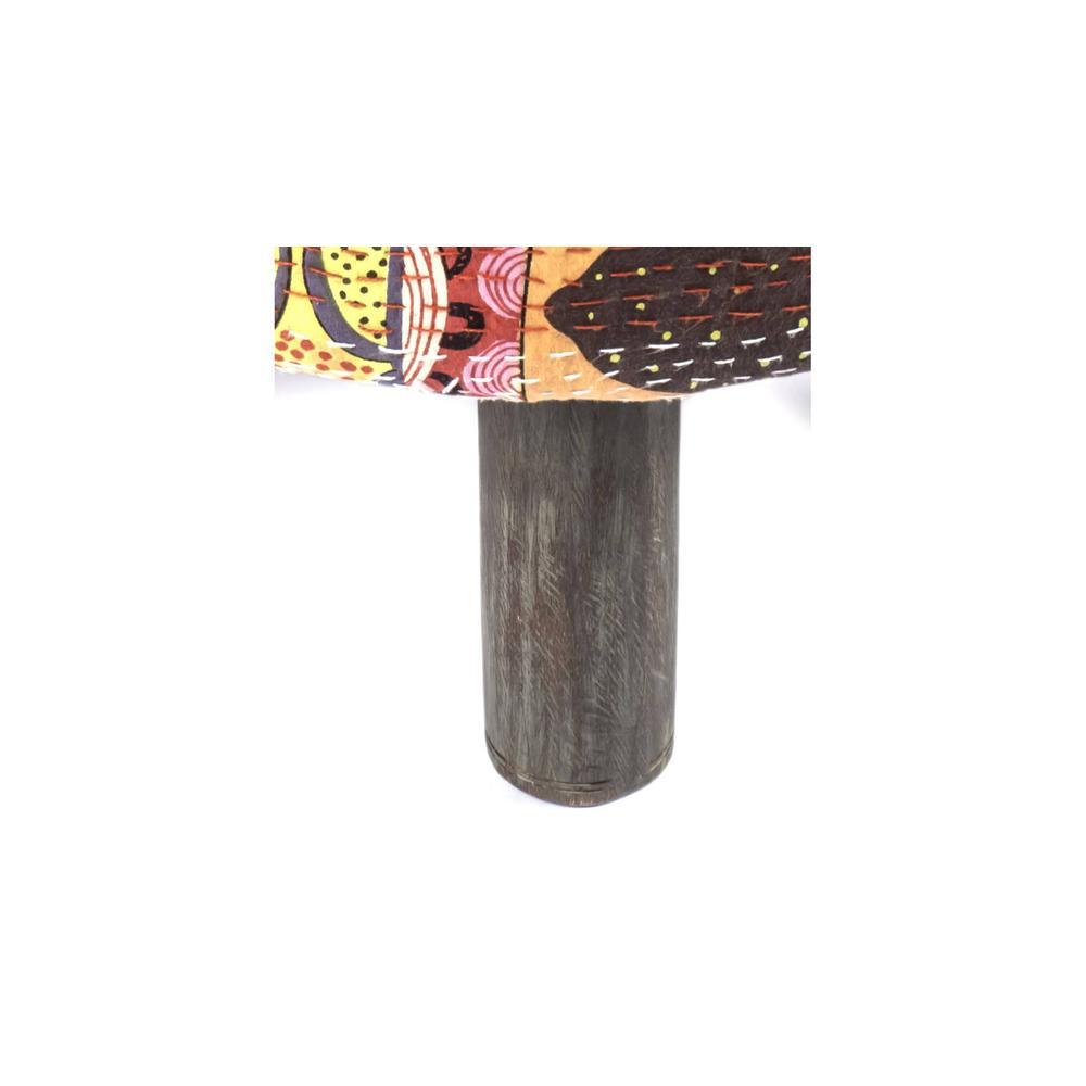 Morgan Solid Wood Pouf Stool in Multicolour Patch Kantha Fabric