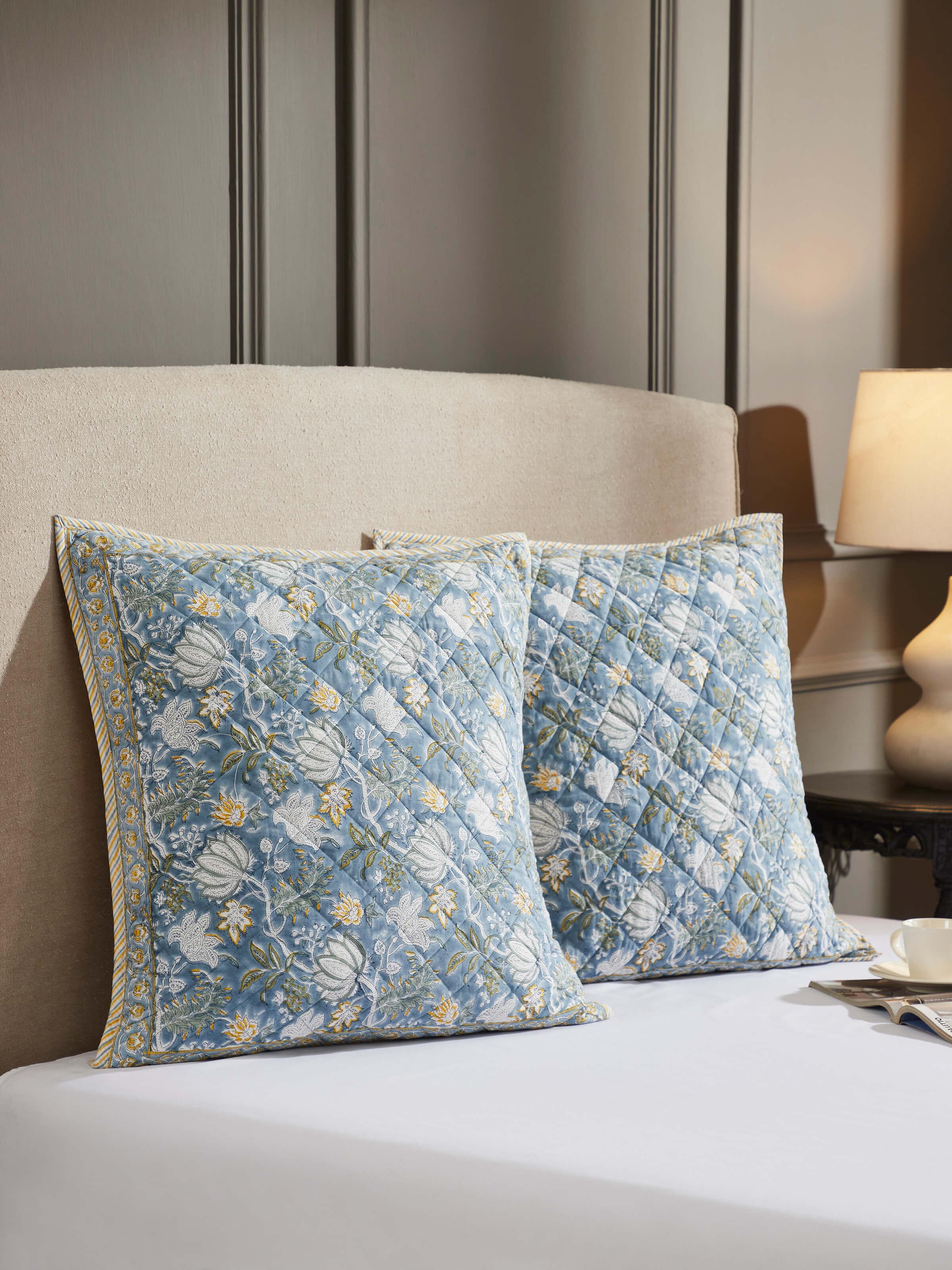 Kairavam Blue Floral Sanganeri Hand Block Print Cotton Euro Shams (2 Pcs)