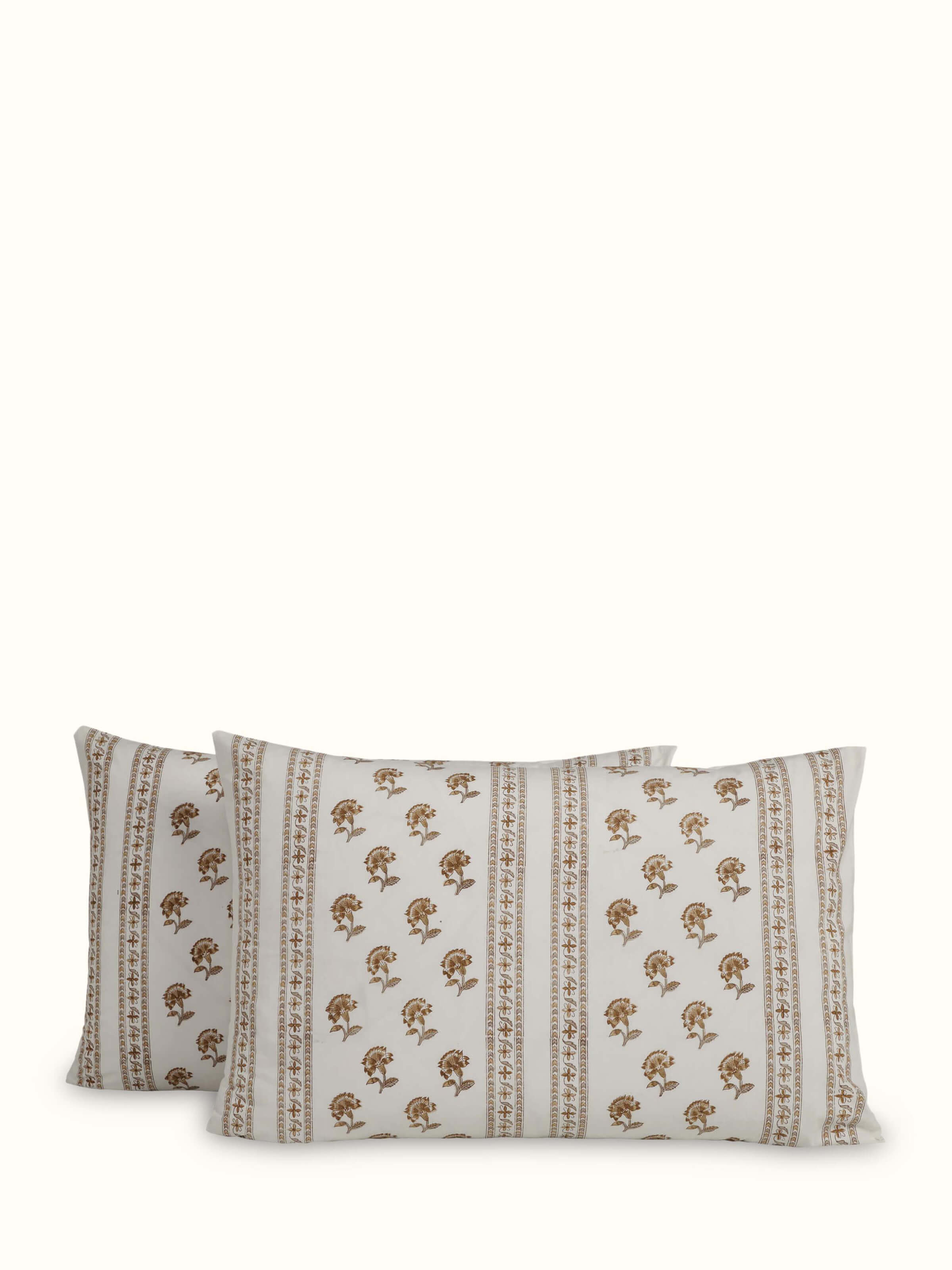 Aarunya Beige Buti Cotton Sanganeri Hand Block Print Pillow Cases (2 Pcs)