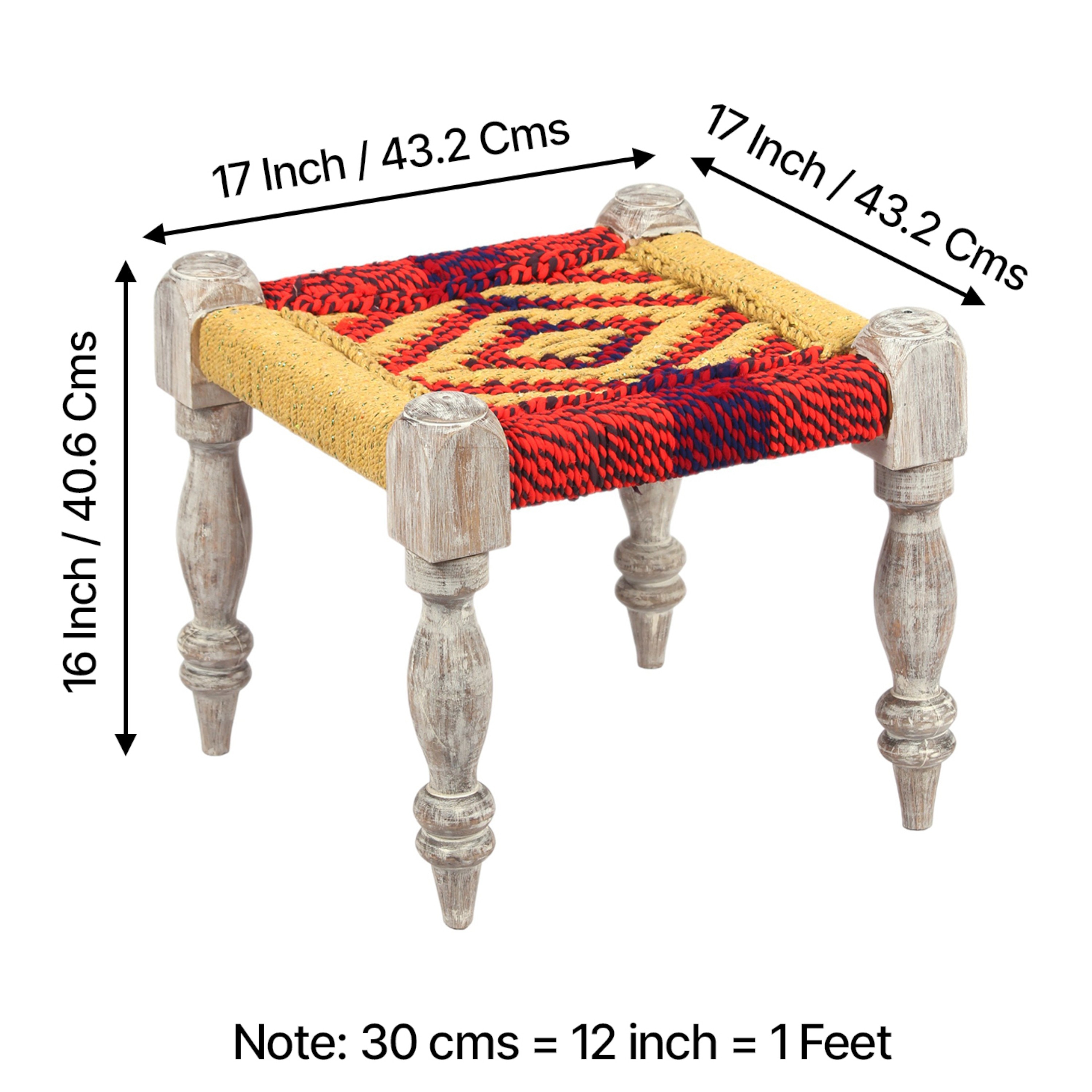 Riaza Sheesham Wood Vintage Set of 2 Stools in Multicolour Chindi & Yellow Rope Canning
