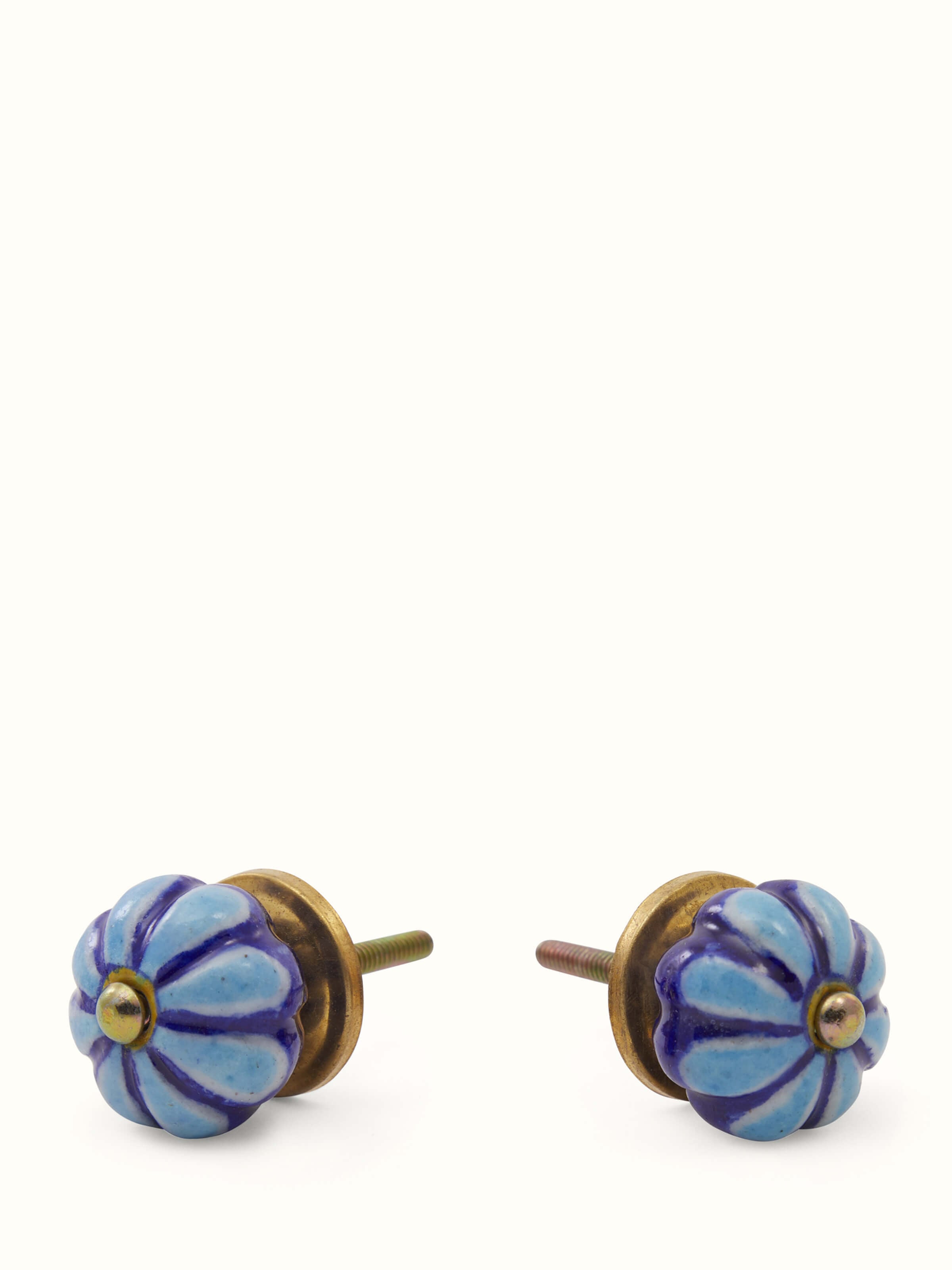 Angled view of Blue Pottery Round Rib Door Knob Set