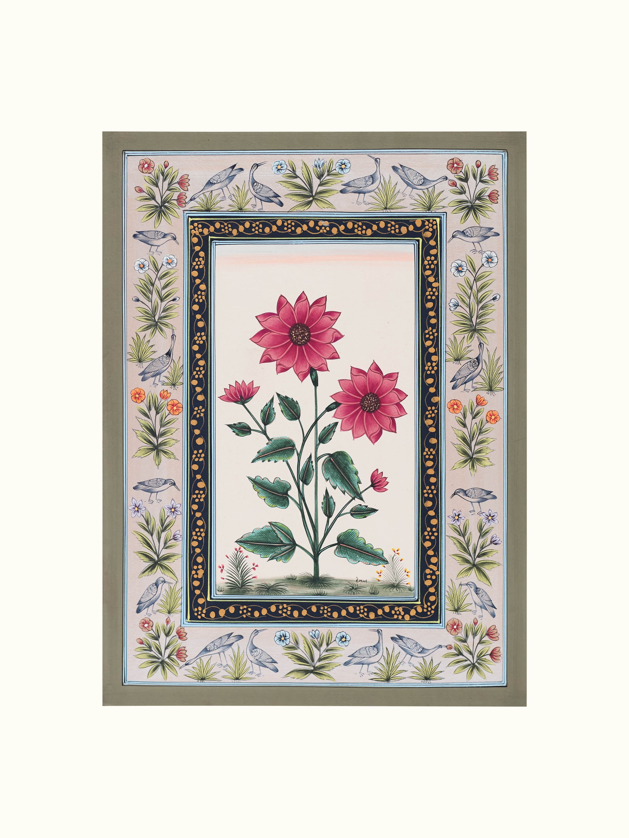 Flower Bird Miniature Silver Painting