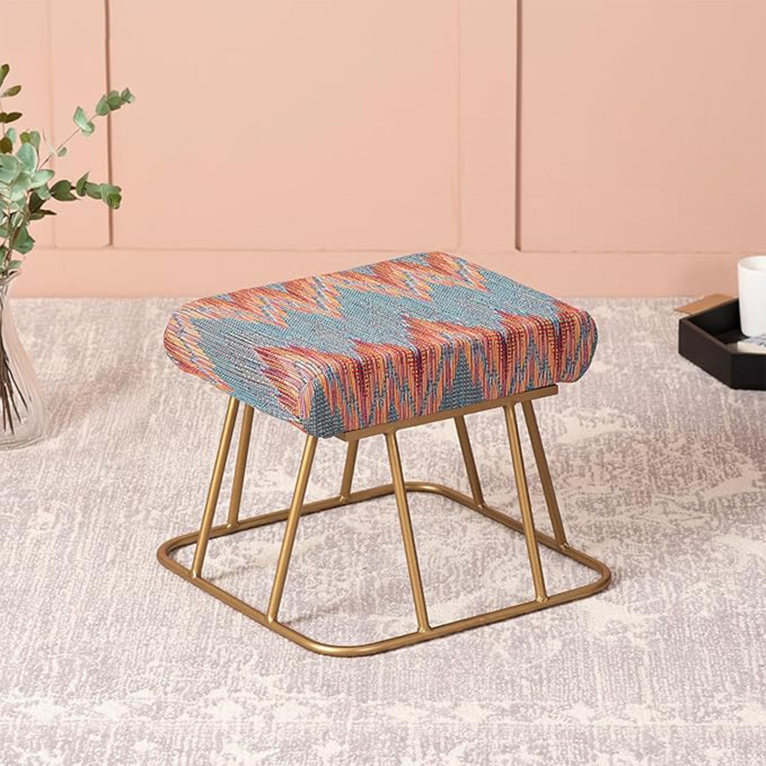 Crest Jacquard Metallic Stool in Blue Color - Nestroots