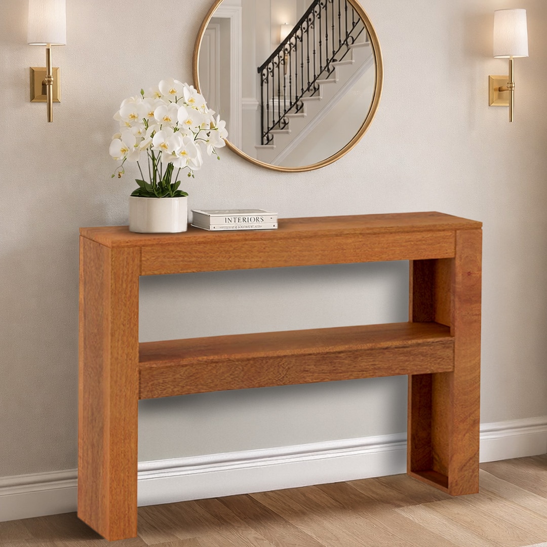 Epsilon Solid Wood Console Table In Amber Walnut Finish