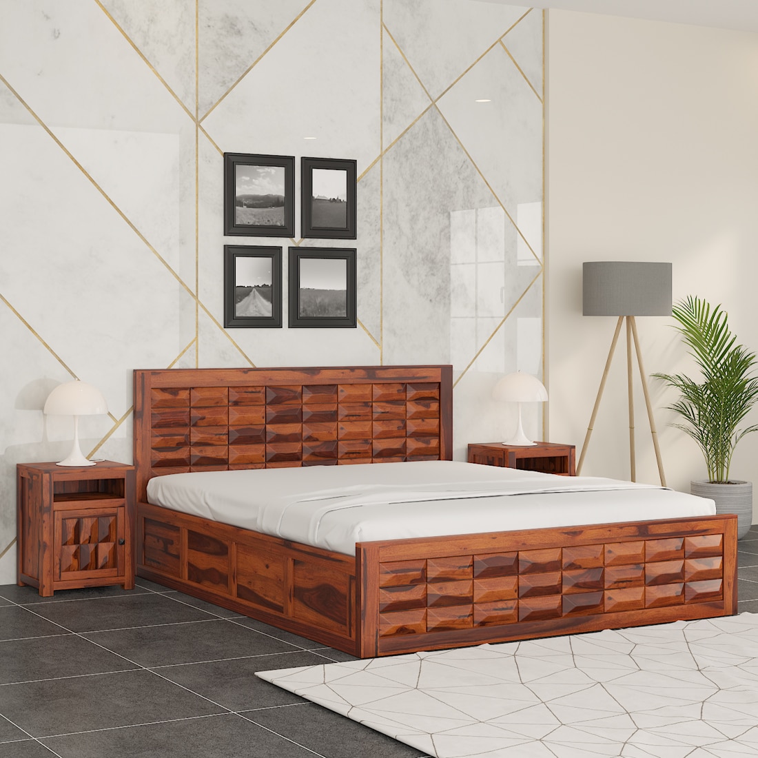 Shashi Sheesham Wood King Size Bed In Honey Oak Finish With Hydraulic Storage (72 x 78 inches)