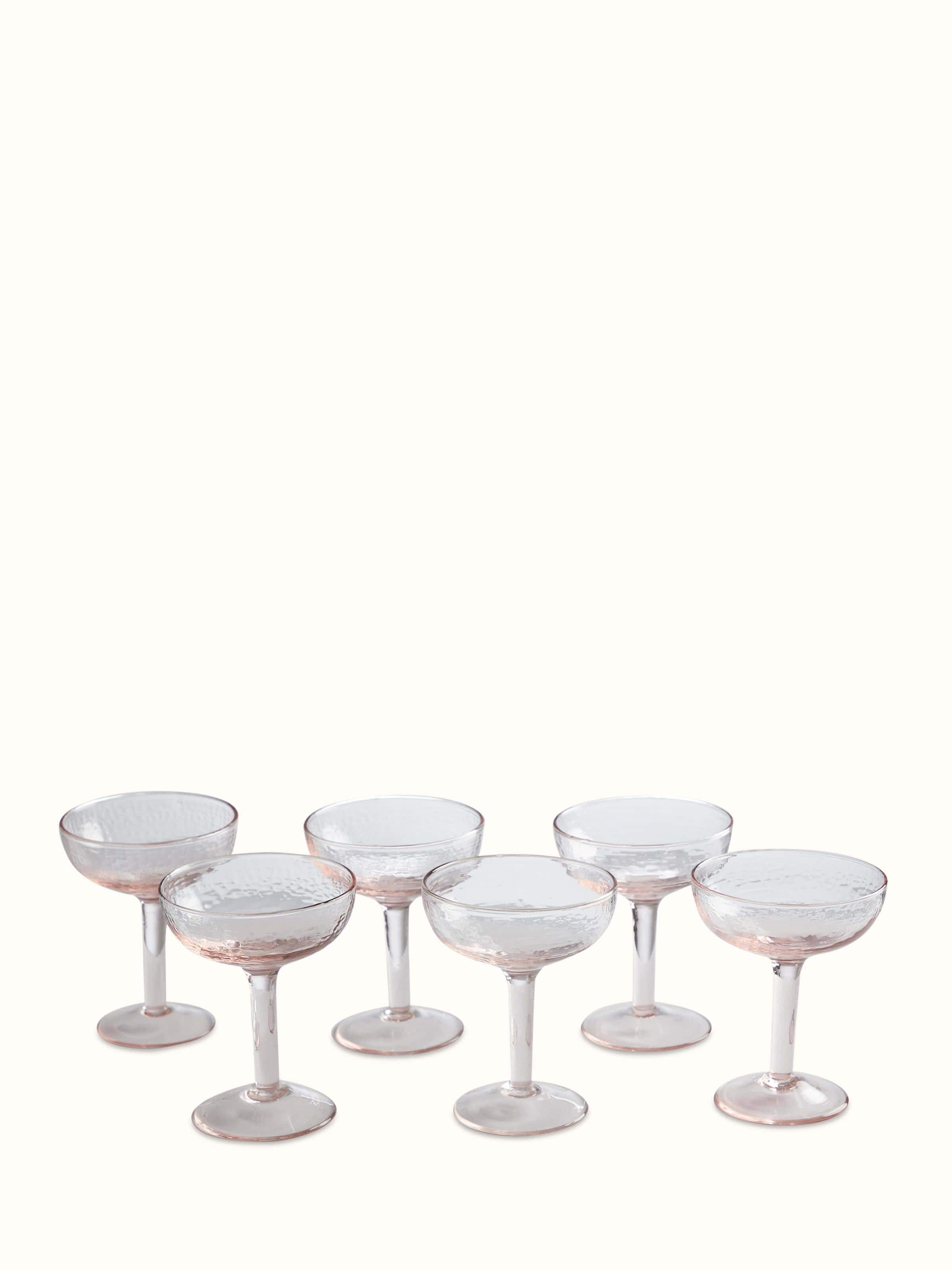 Front view of Glass-worked Wine Glasses in pink, showcasing a set of six glasses with elegant glasswork.