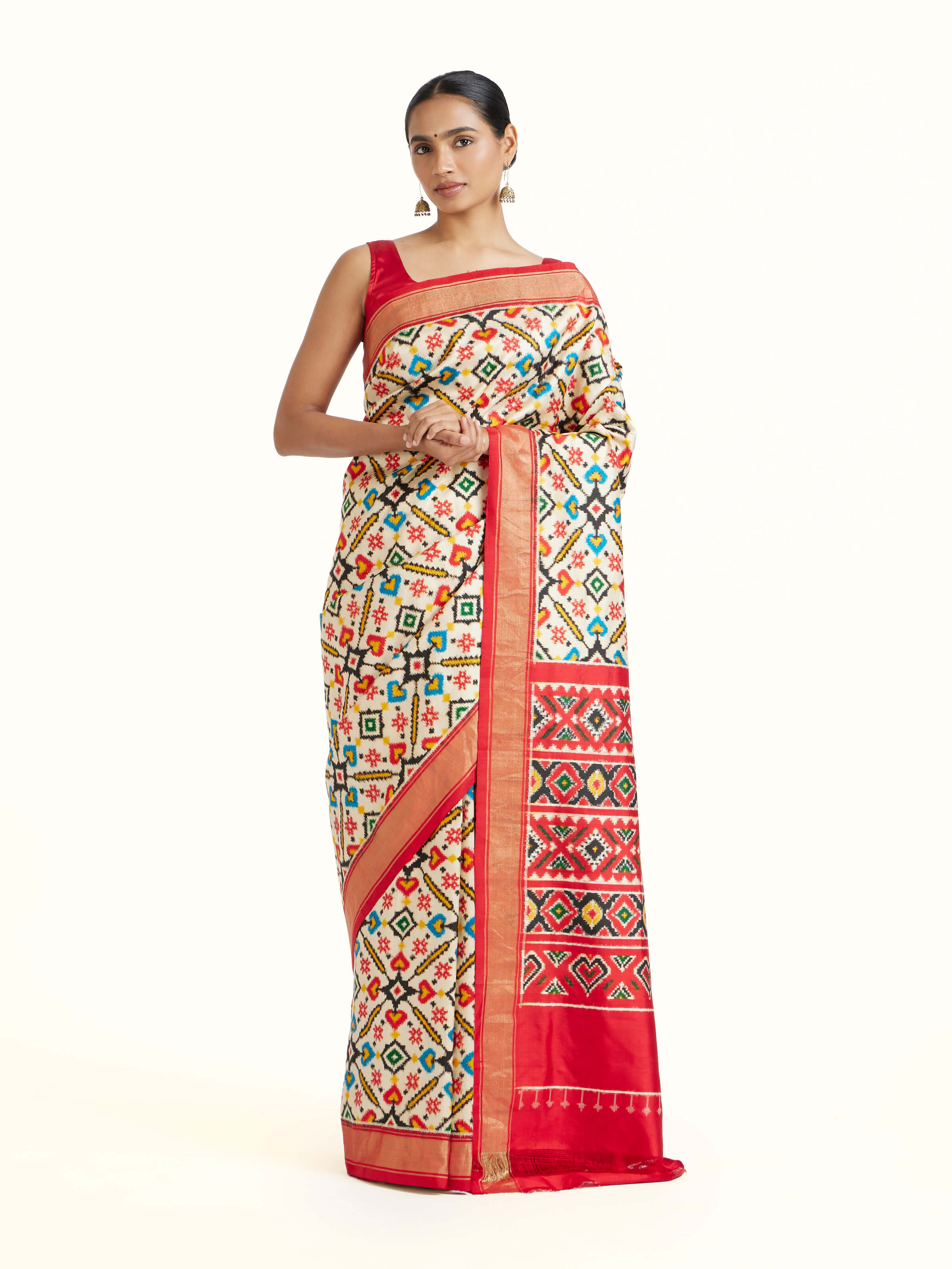 Cream Double Ikat Silk Saree