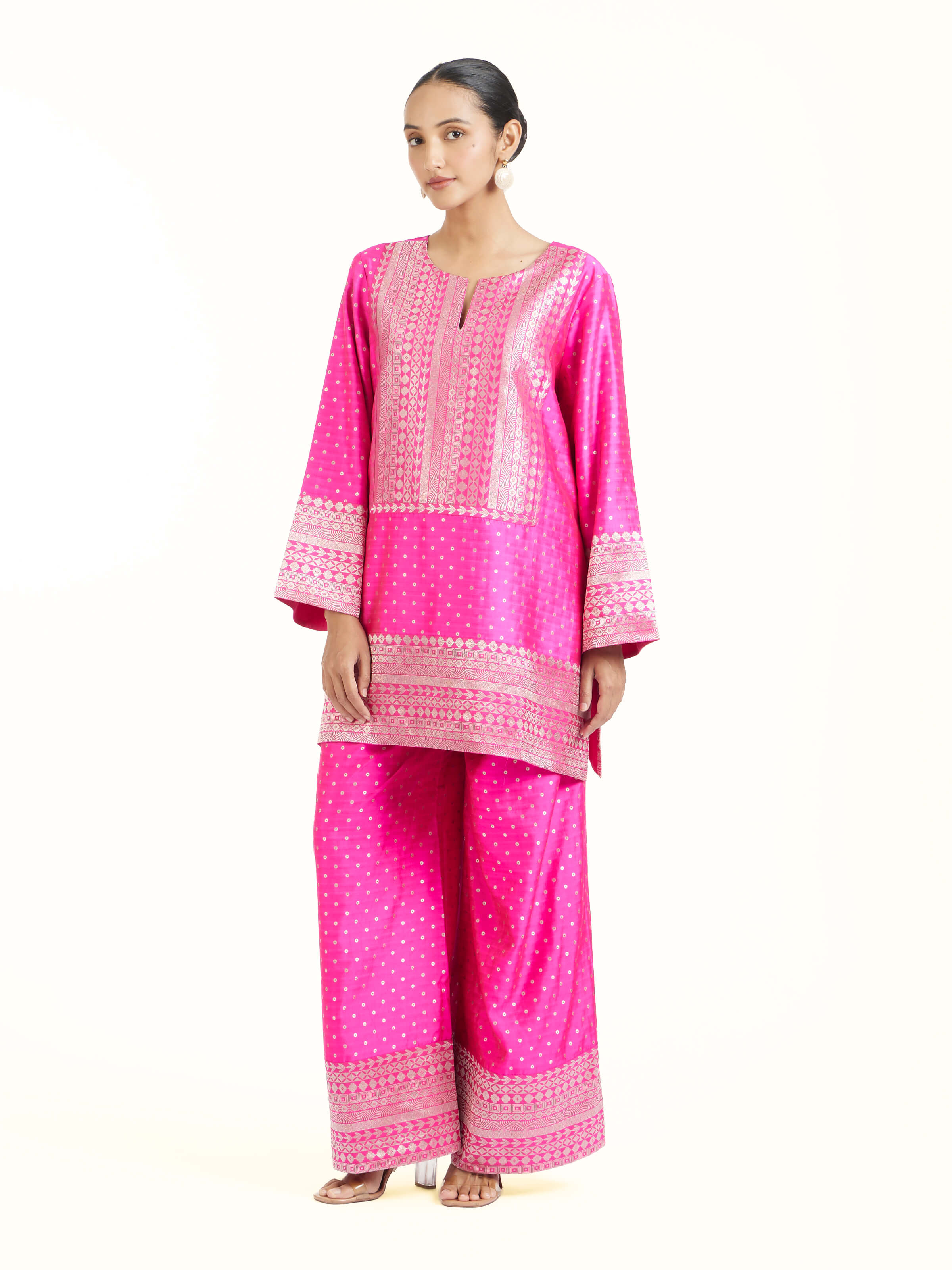 Side view of pink silk Banarasi co-ord set highlighting coordinated silhouette